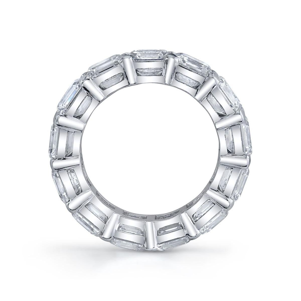 Diamond eternity band ring, featuring asscher-cut diamonds set in a shared prong platinum setting.

Thirteen diamonds weighing 13.24 total carats (D-E color, VVS1-VS1 clarity)
Accompanied by the GIA certificate for each diamond
Size 7.5