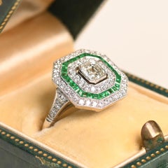 GIA Diamond Emerald Engagement Ring. 0.50ct Asscher Cut Diamond Halo Ring J VS2