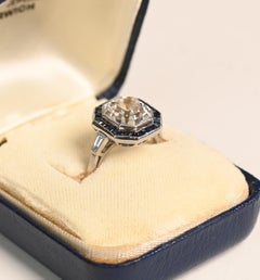 4 Carat Diamond and Sapphire Halo Ring. GIA Asscher Diamond Platinum Ring G VS1