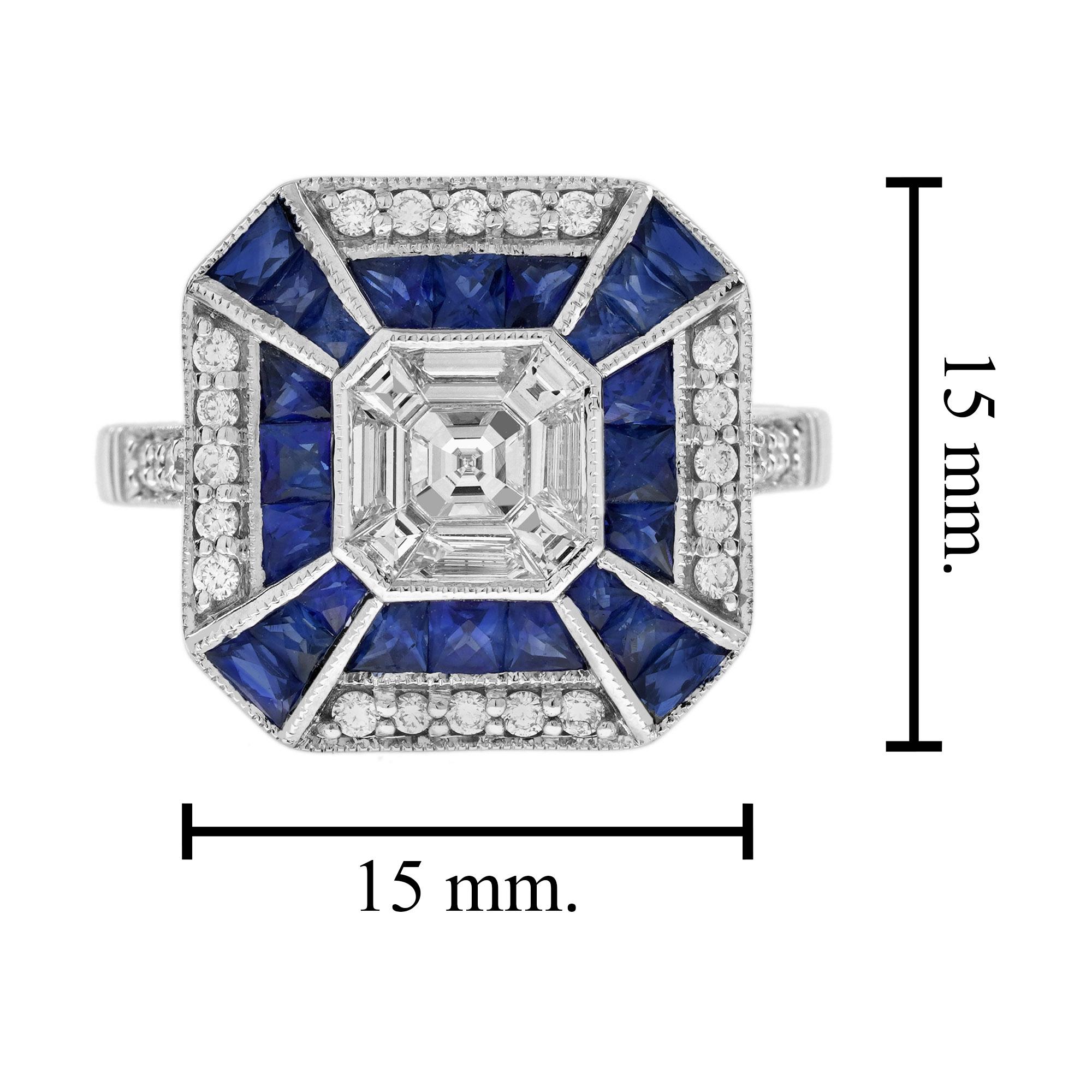 Bague en or hexagonale de style art déco, sertie de diamants Asscher et de saphirs bleus en vente 4