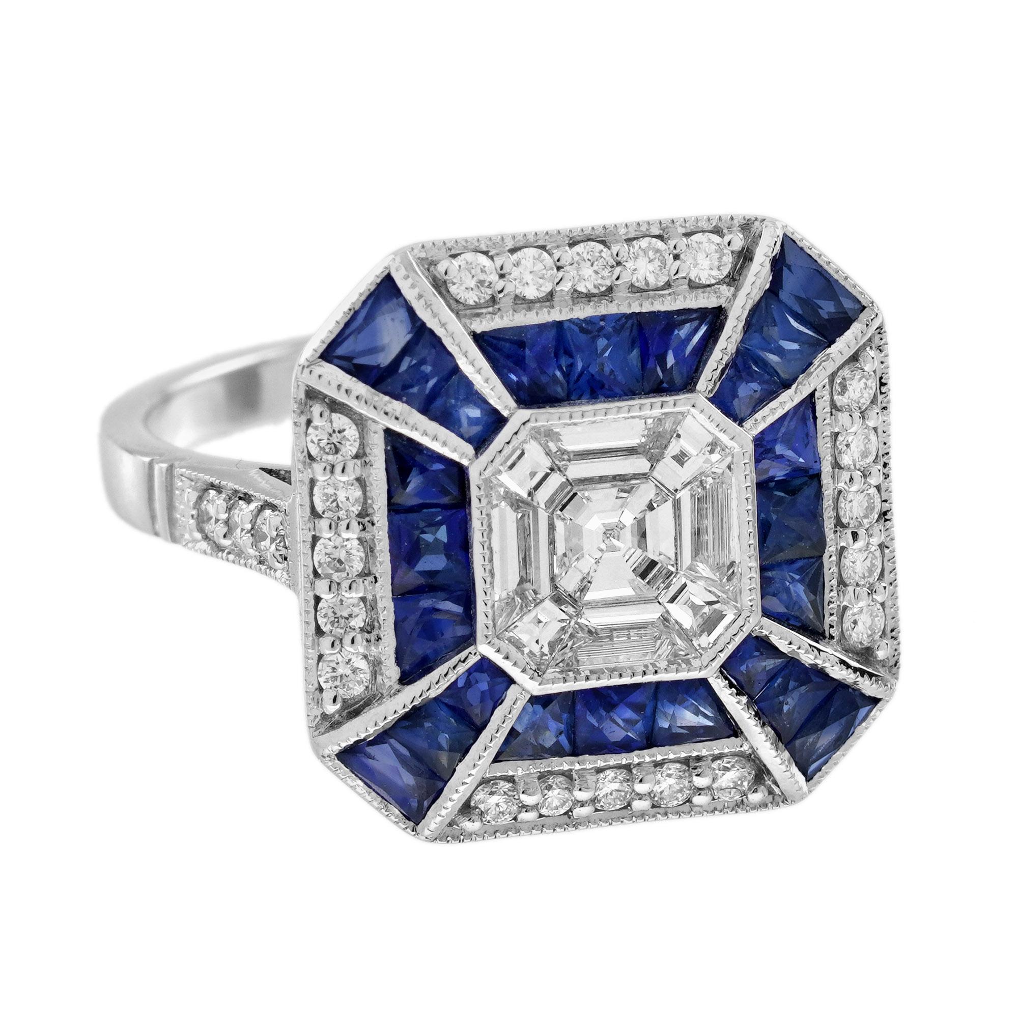 Faites une déclaration audacieuse avec cette exquise bague hexagonale de style Art déco sertie de diamants et de saphirs. Le total des diamants de 0,45 carat, sertis dans un étonnant style illusion, crée l'apparence d'une pierre plus grande et plus