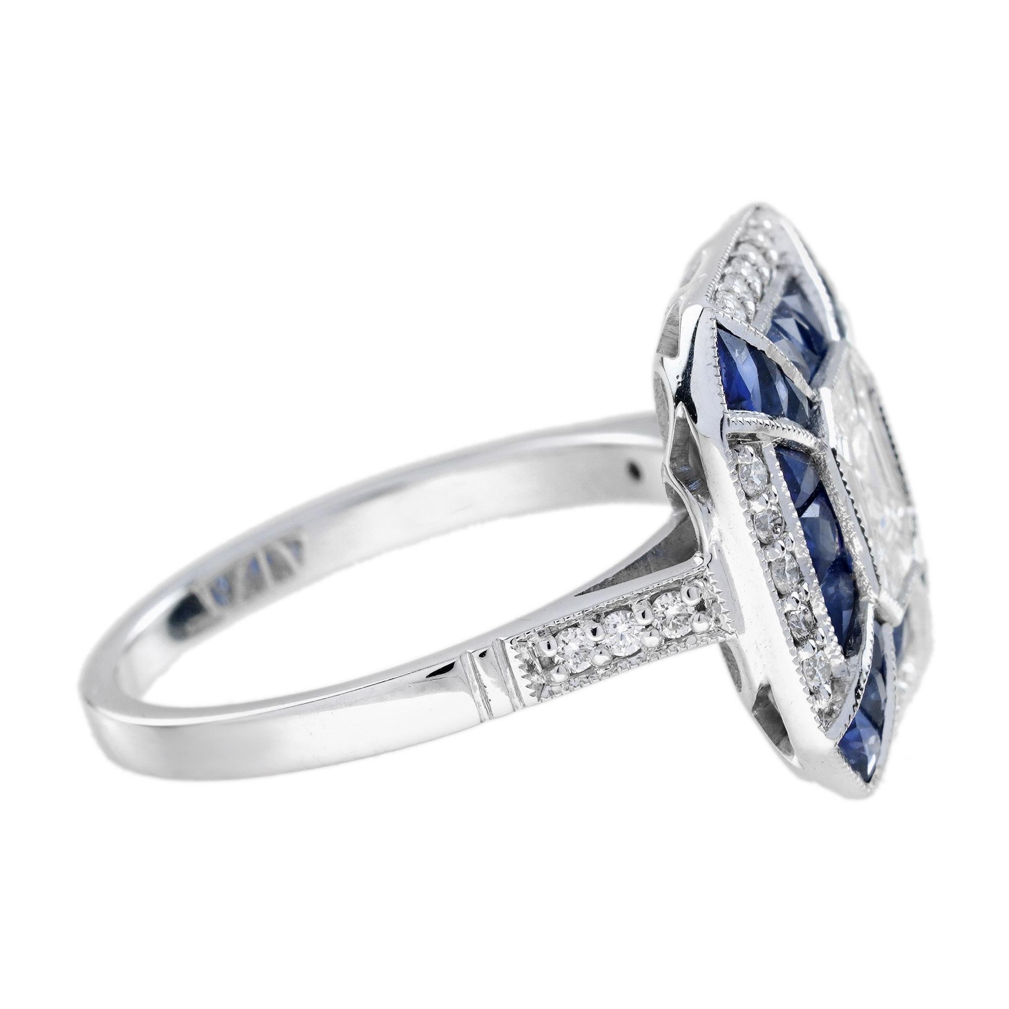 Art déco Bague en or hexagonale de style art déco, sertie de diamants Asscher et de saphirs bleus en vente