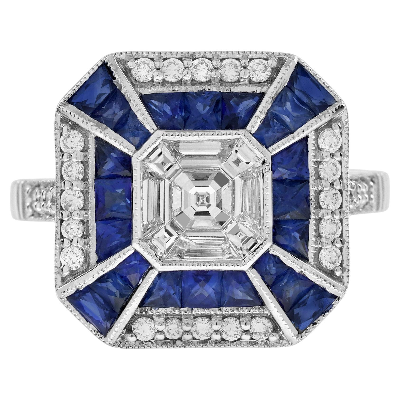 Bague en or hexagonale de style art déco, sertie de diamants Asscher et de saphirs bleus