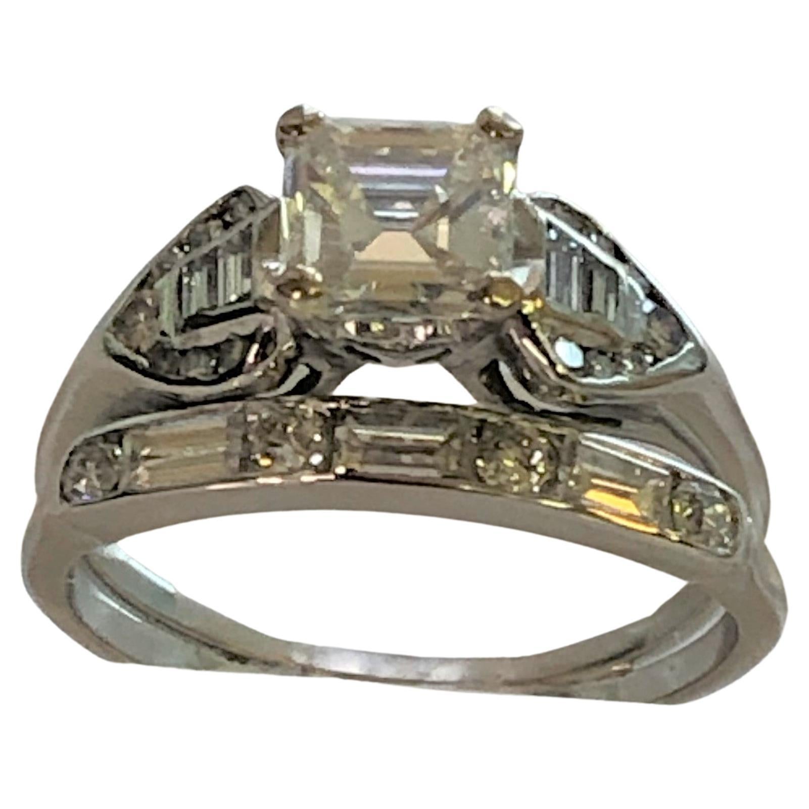 Asscher Cut Diamond Platinum Engagement Ring & Wedding Band For Sale