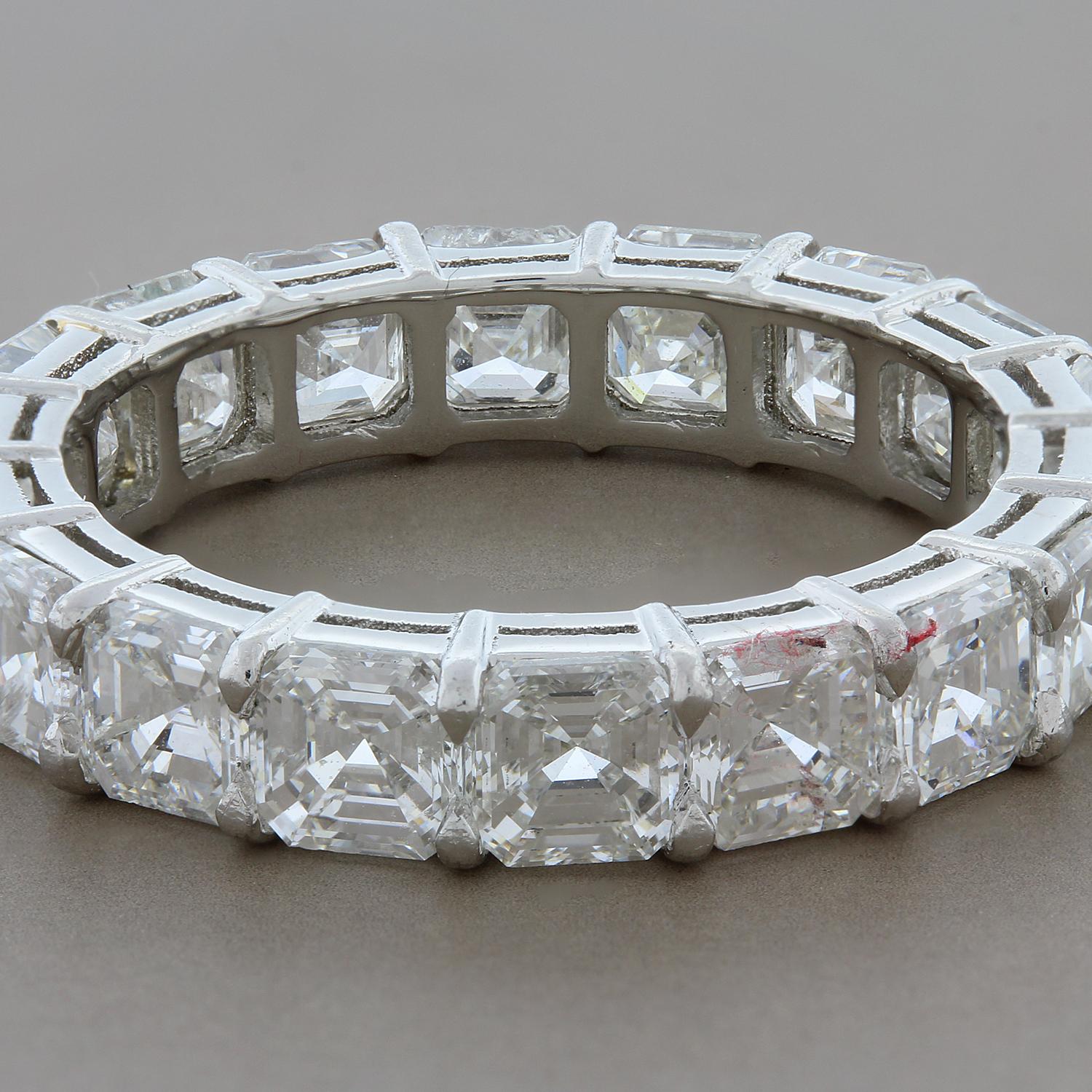 This luxurious eternity band features 5.68 carats of asscher cut diamonds. The diamonds are top quality VS white diamonds.  The diamonds are beautifully prong set in platinum.

Currently ring size 7