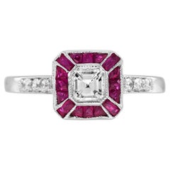 Anello in oro bianco con diamante e rubino taglio Asscher in stile Art Déco