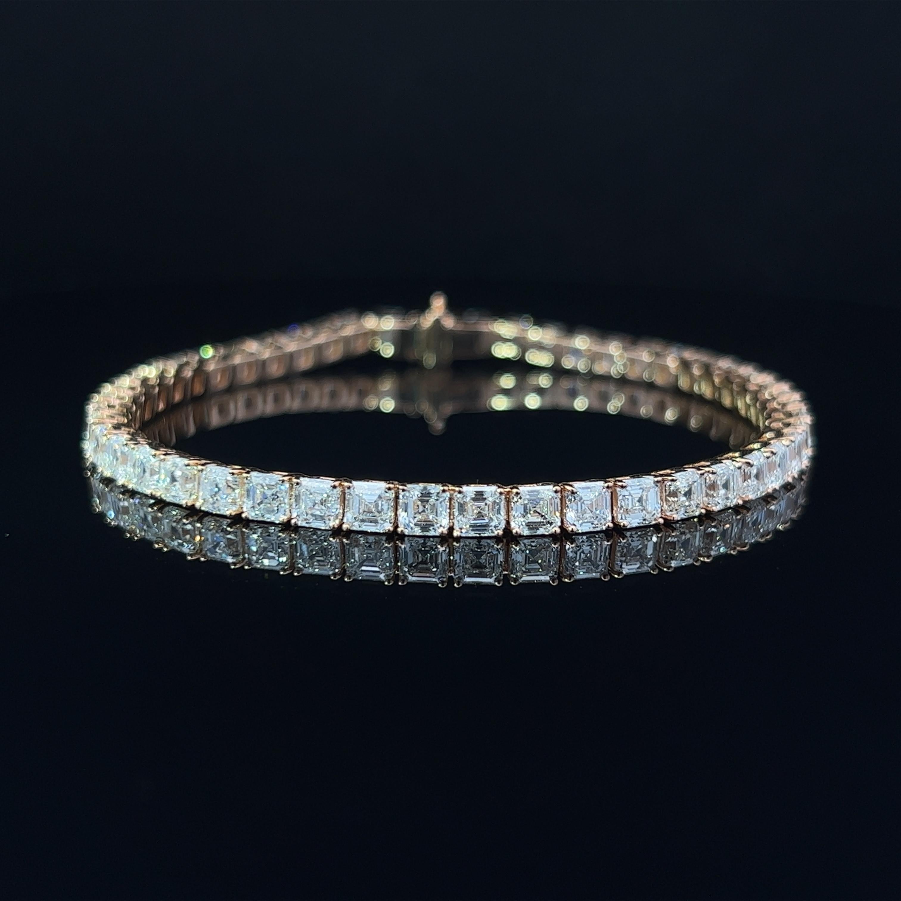 Modern Asscher Cut Diamond Tennis Bracelet in 18K Rose Gold (11.70ct VVS) by Arnav For Sale