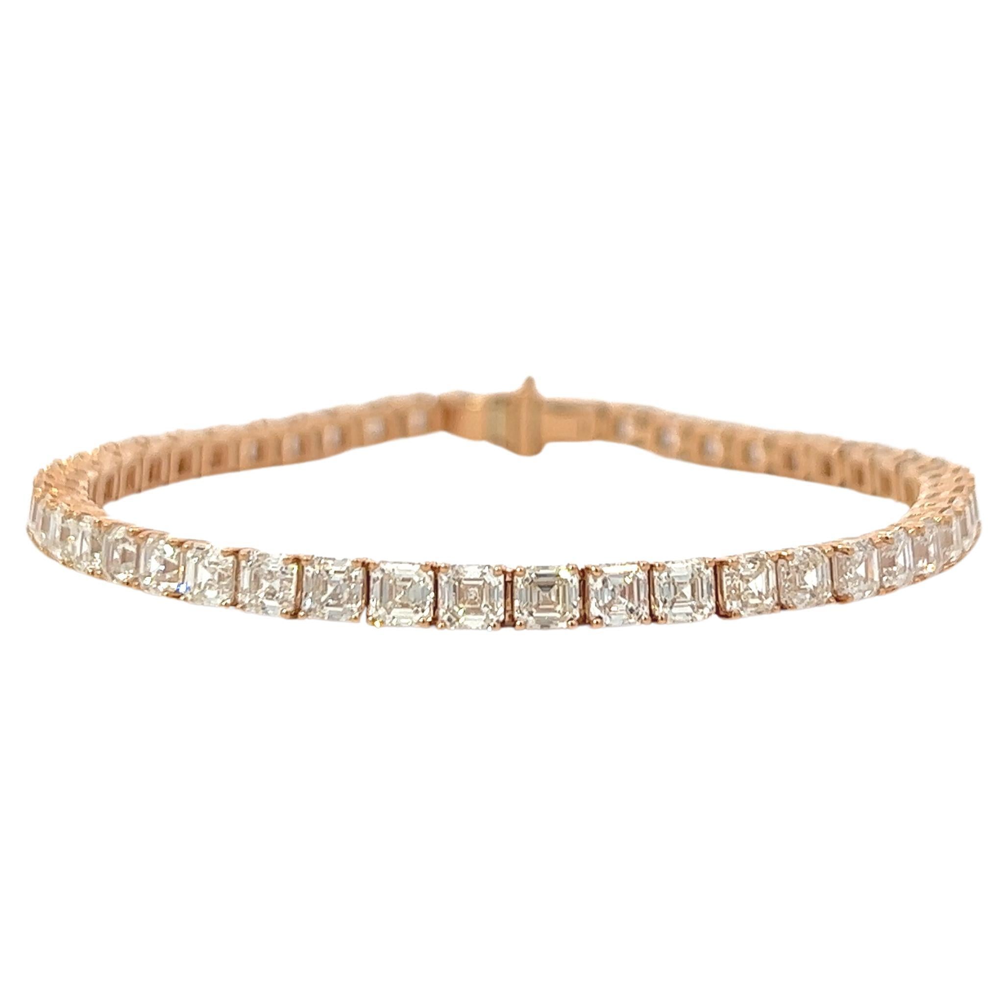 Bracelet tennis en or rose 18 carats avec diamants taille Asscher (11,70 carats VVS) par Arnav
