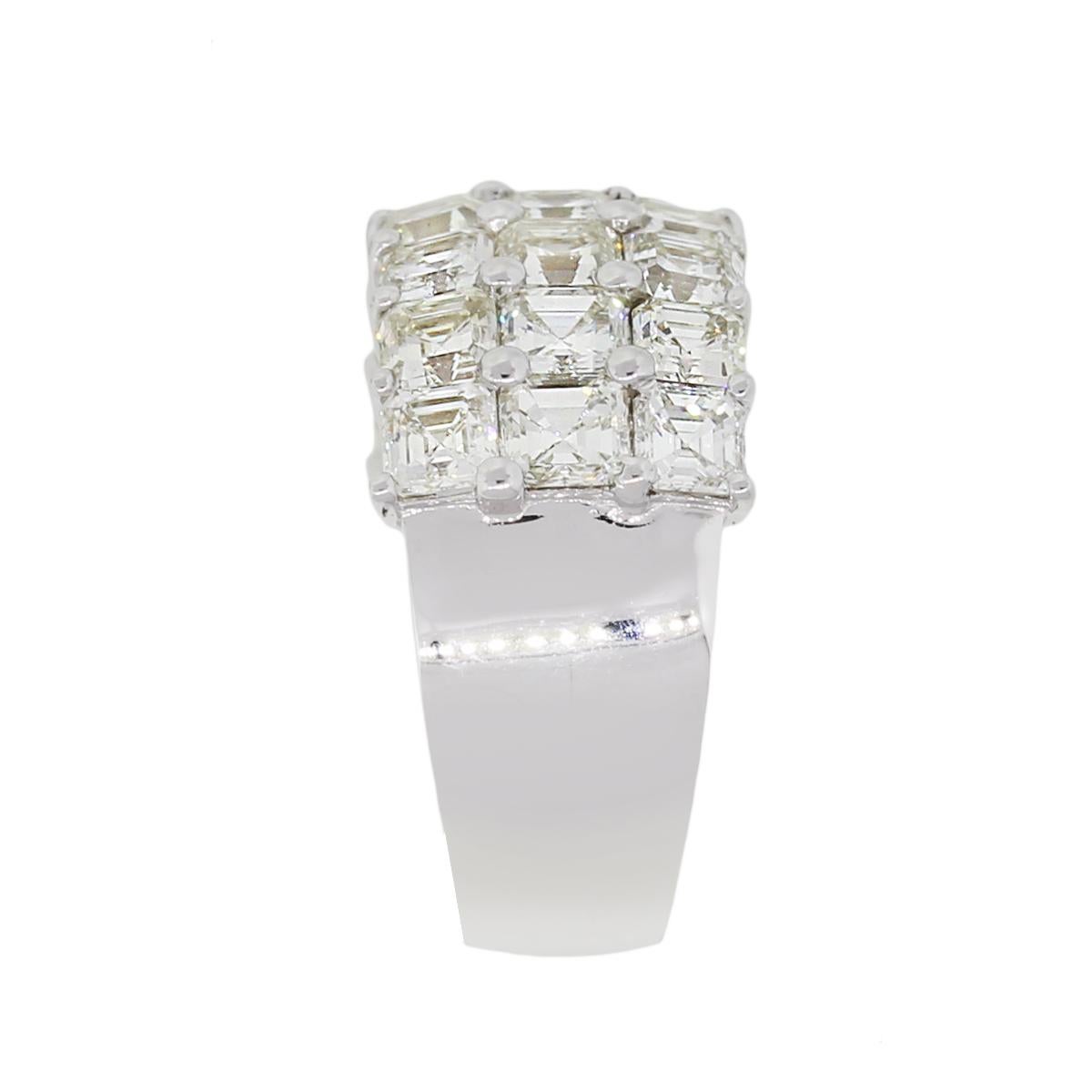 Material: 18k White Gold
Diamond Details: Approximately 6.16ctw of Asscher cut diamonds. Diamonds are G/H in color and VS in clarity.
Ring Size: 6.75
Ring Measurements: 0.80″ x 0.45″ x 0.85″
Total Weight: 14.8g (9.5dwt)
SKU: A30312062