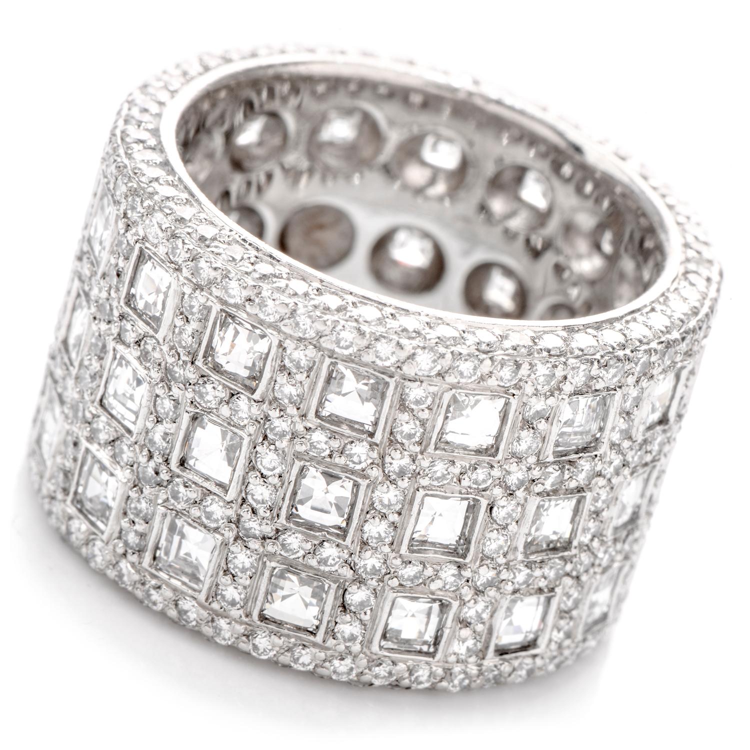 This exquisite wide Eternity Band was crafted in Luxurious Platinum.

48 Asscher cut Diamonds are bezel set amidst a sea of 

prong set round brilliant cut diamonds completely encircling this

extraordinary design.  

Diamonds weigh approx. 10.45