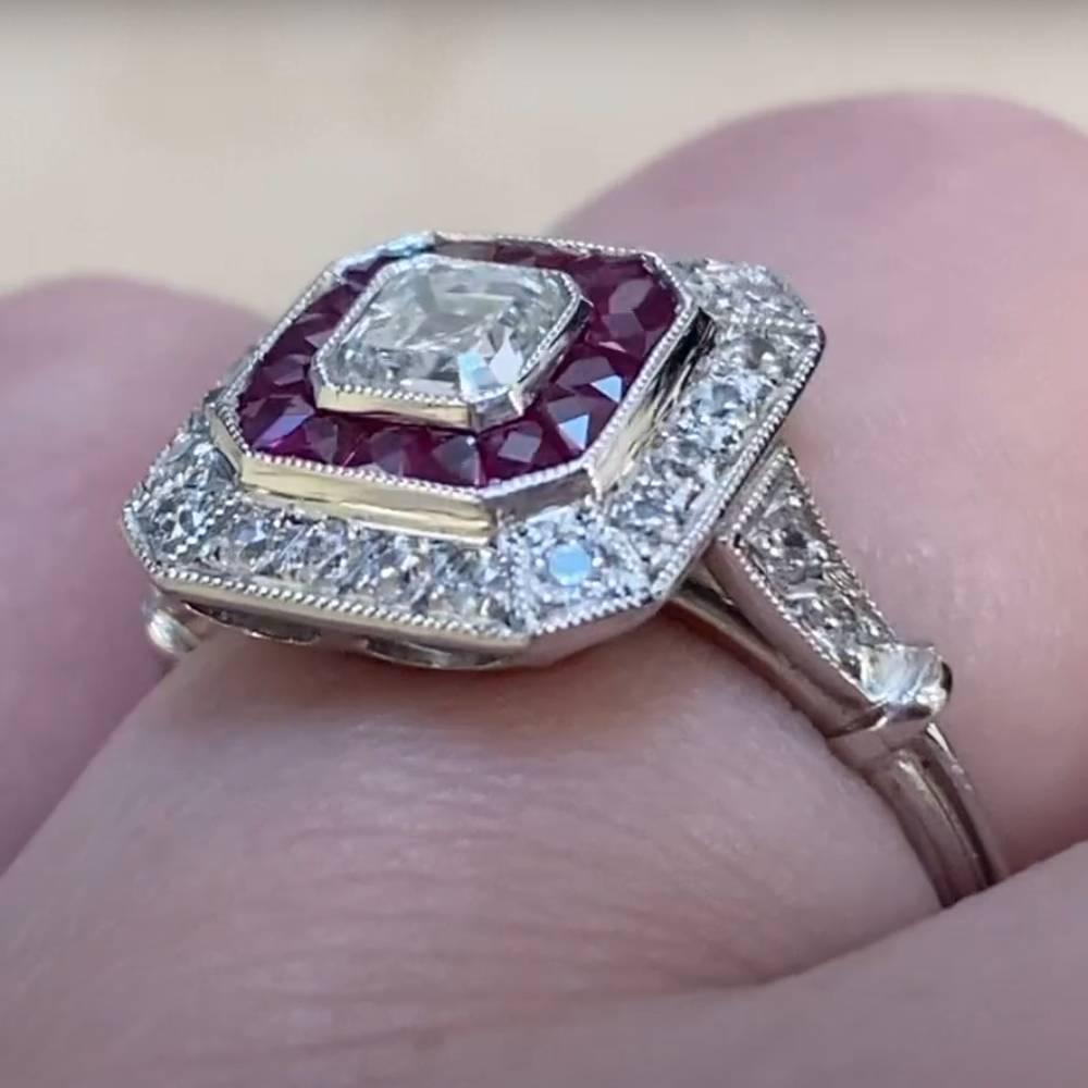 Asscher Cut Diamond with Ruby Double Halo Ring (GIA Approx 0.50-Carats) Platinum In Excellent Condition For Sale In New York, NY