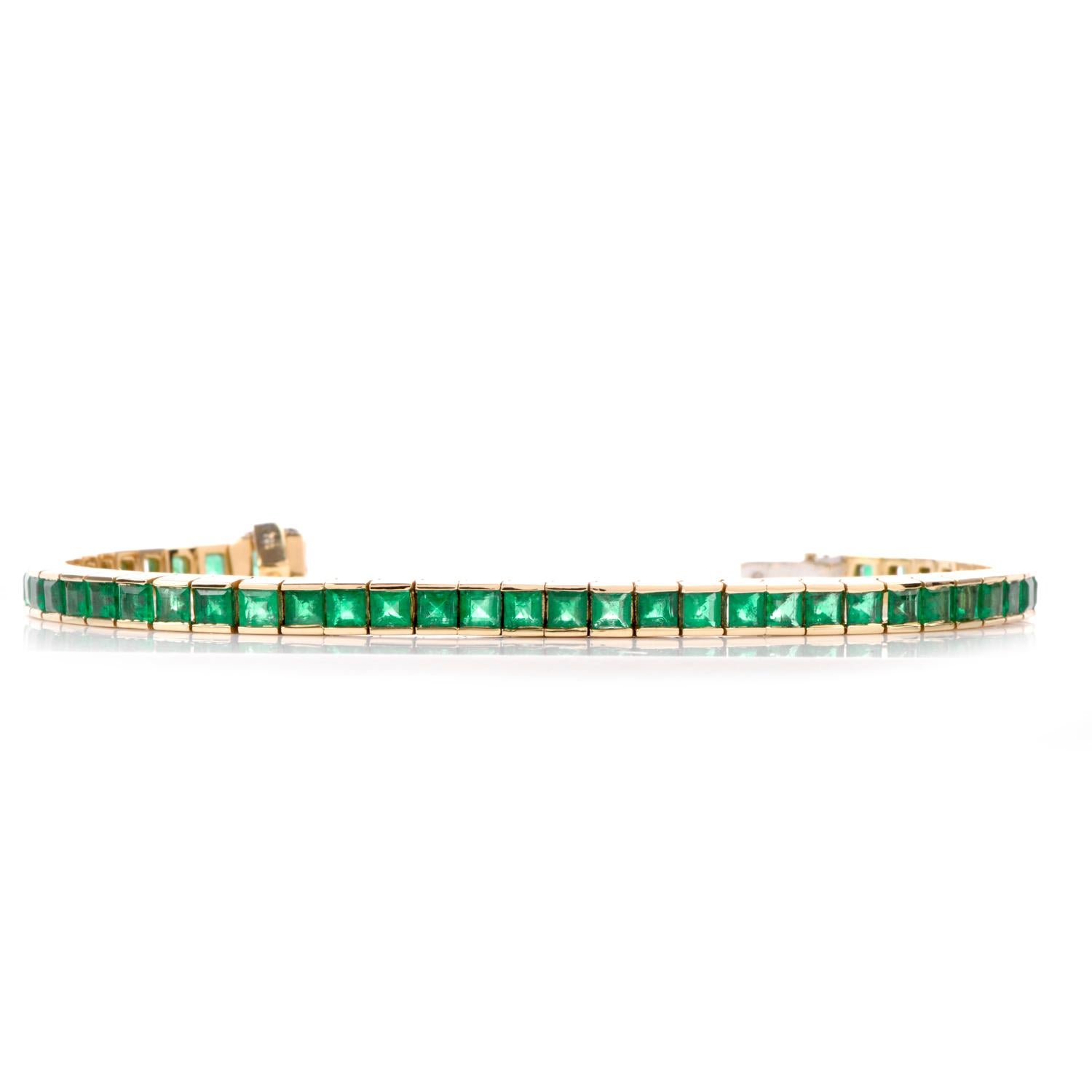 This Estate 1980's Emerald bracelet is inspired in a Tennis Bracelet design and crafted in 18K yellow gold. Individual links with channel set square cut Emeralds adorn from one end to the other. Emeralds are high quality and weigh approx. 13.85