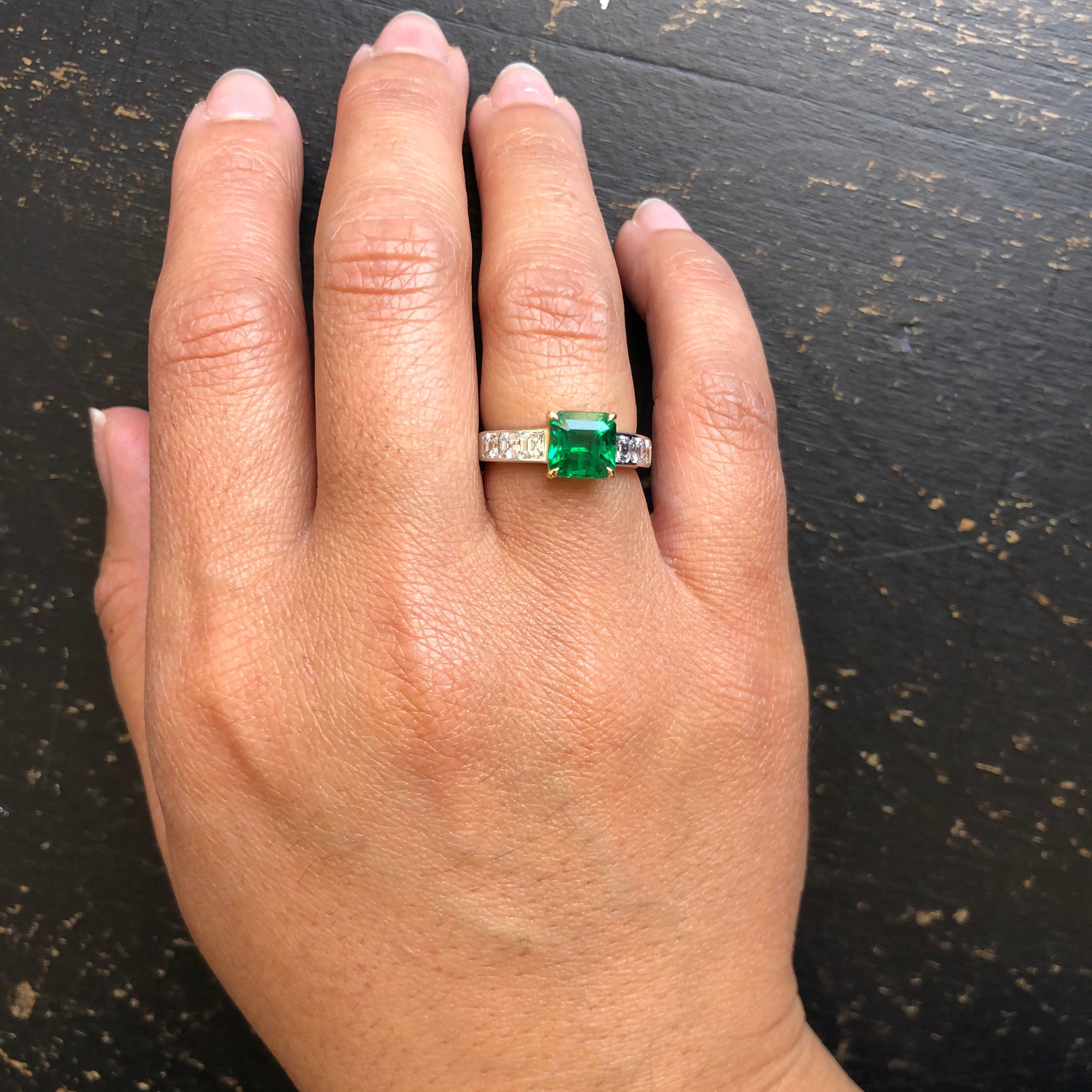 Women's or Men's Asscher Cut Emerald and Diamond Ring For Sale