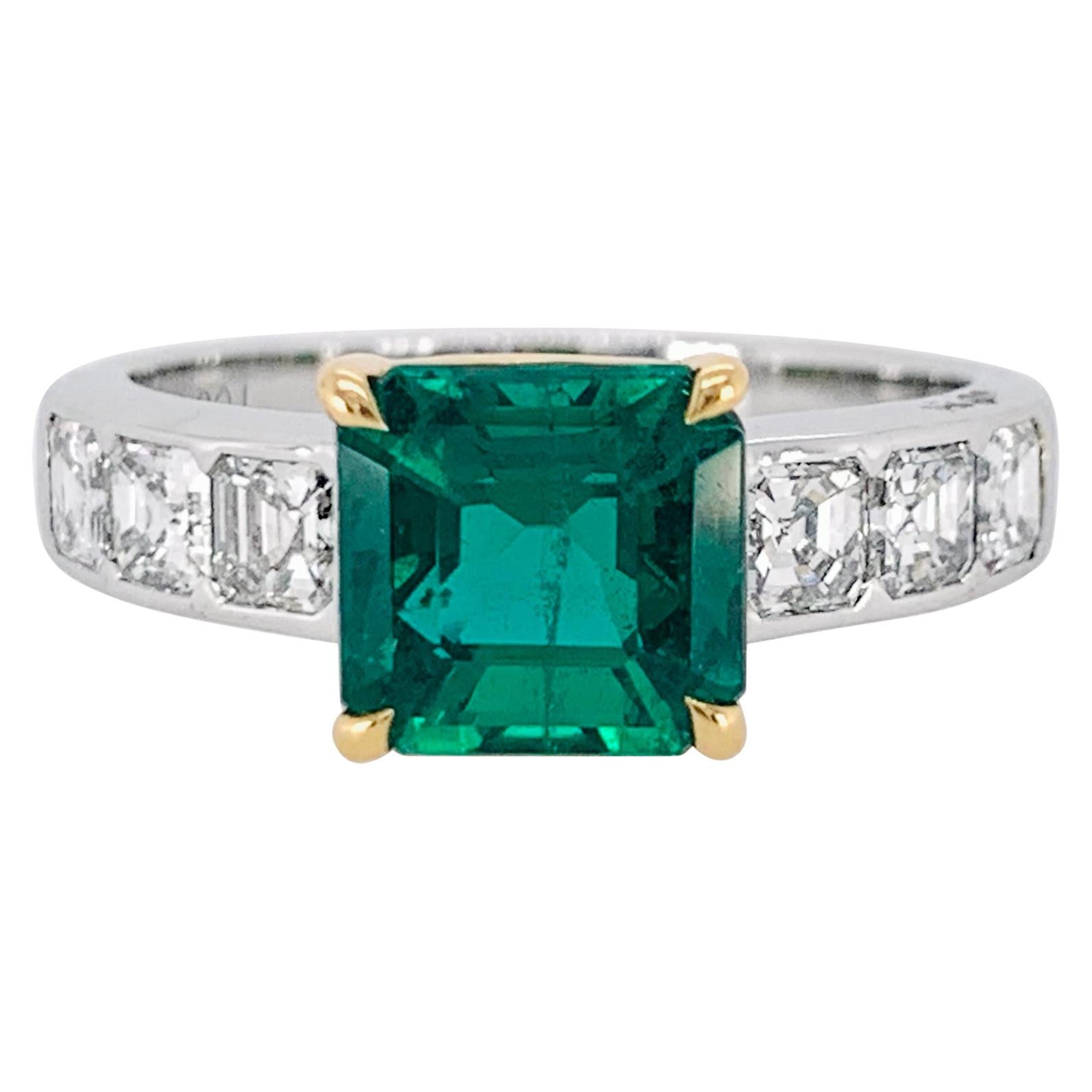 Asscher Cut Emerald and Diamond Ring For Sale
