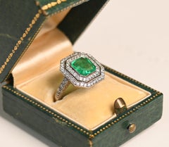 Colombian Emerald and Diamond Ring. Emerald Diamond Double Halo Ring Platinum