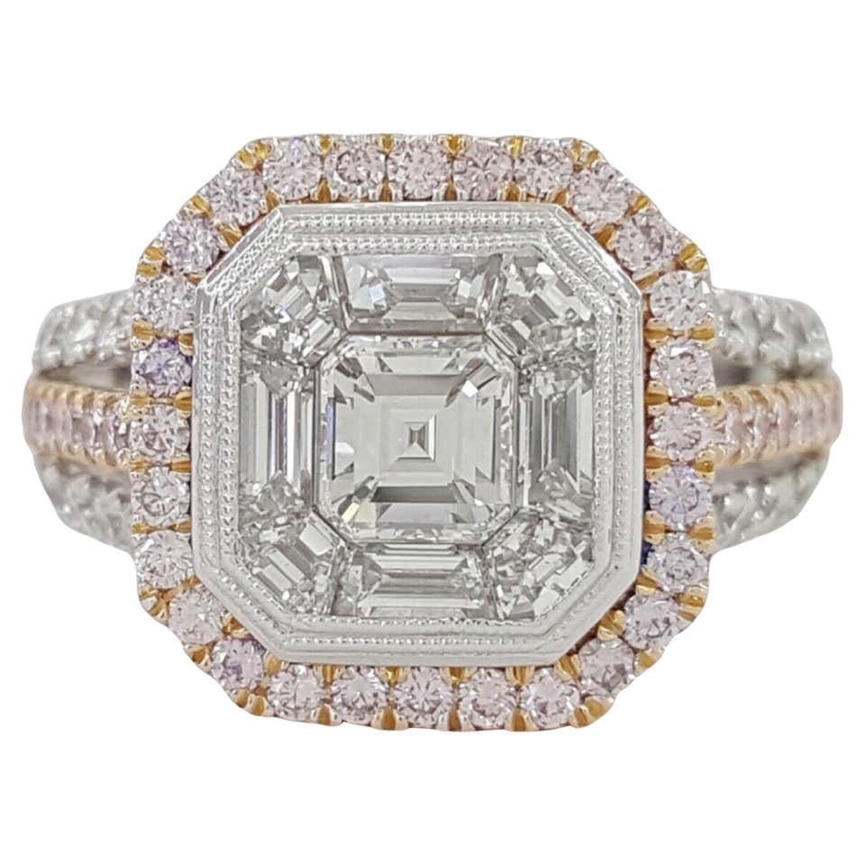 Asscher Cut Ring Stack 2.07 Carats Asscher Cut and Round Cut Diamond Halo Engagement Ring For ...