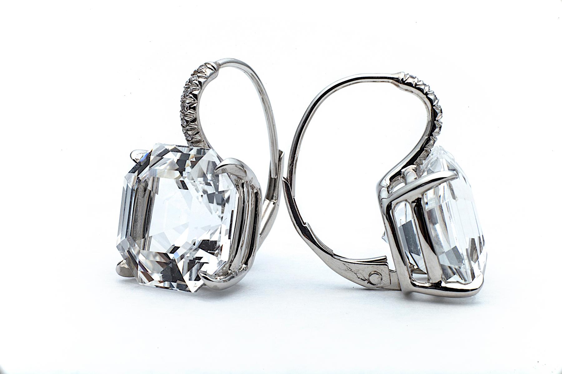Contemporary Asscher Cut Large Size White Topaz Diamond Platinum Drop Earrings