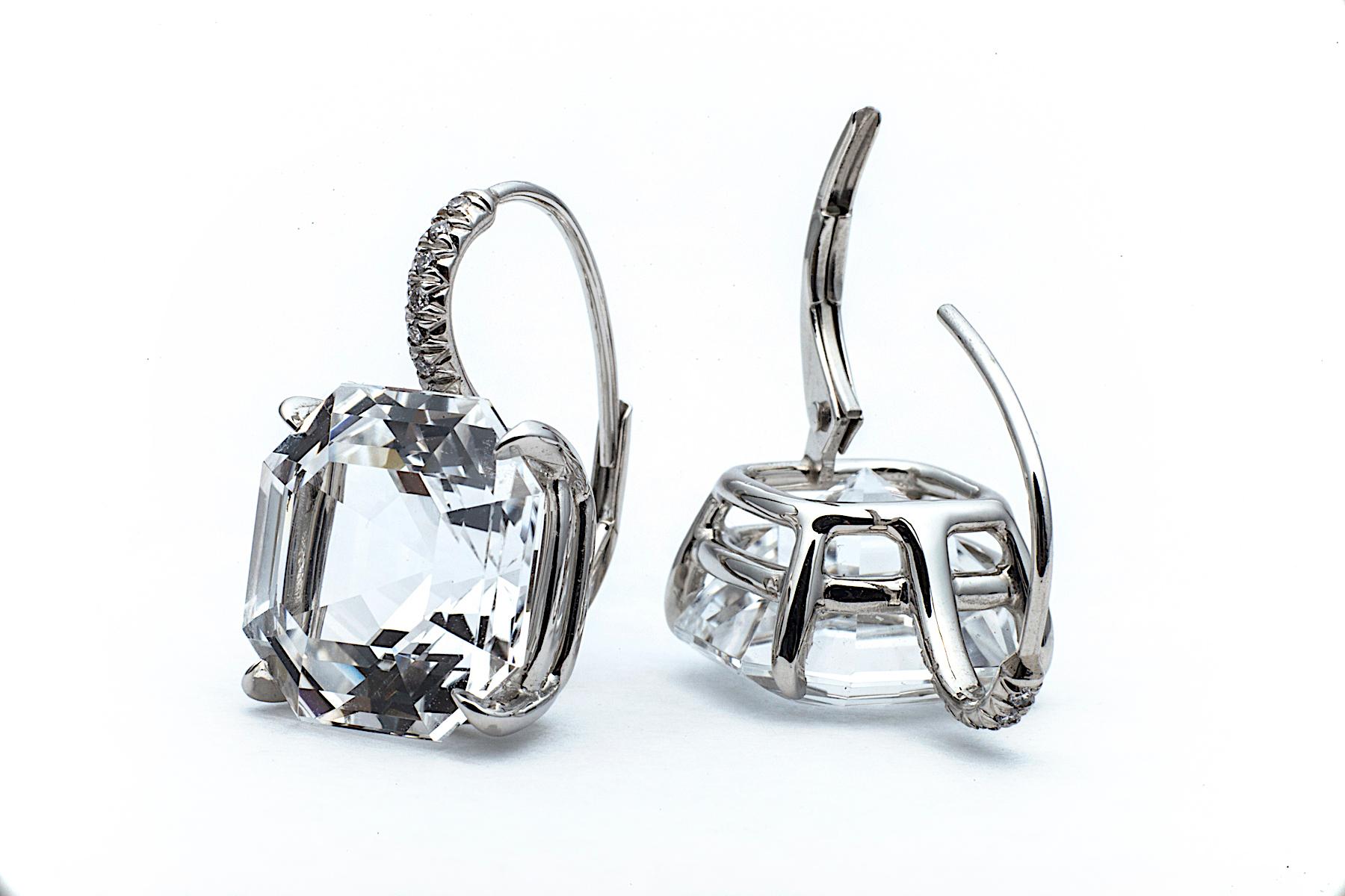 Asscher Cut Large Size White Topaz Diamond Platinum Drop Earrings In New Condition In Greenwich, CT