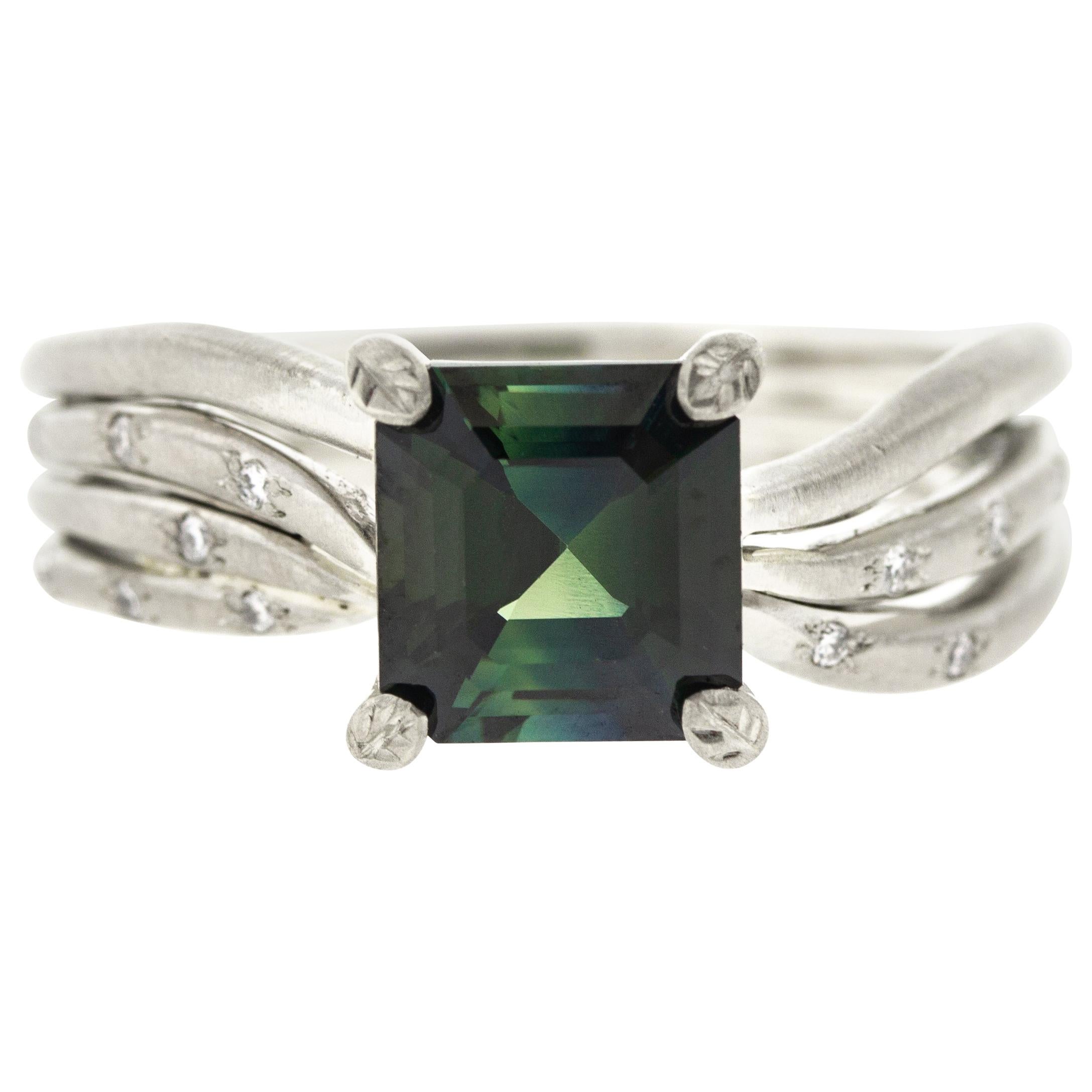 Asscher Cut Montana Sapphire Engagement Ring with Diamond Pavé
