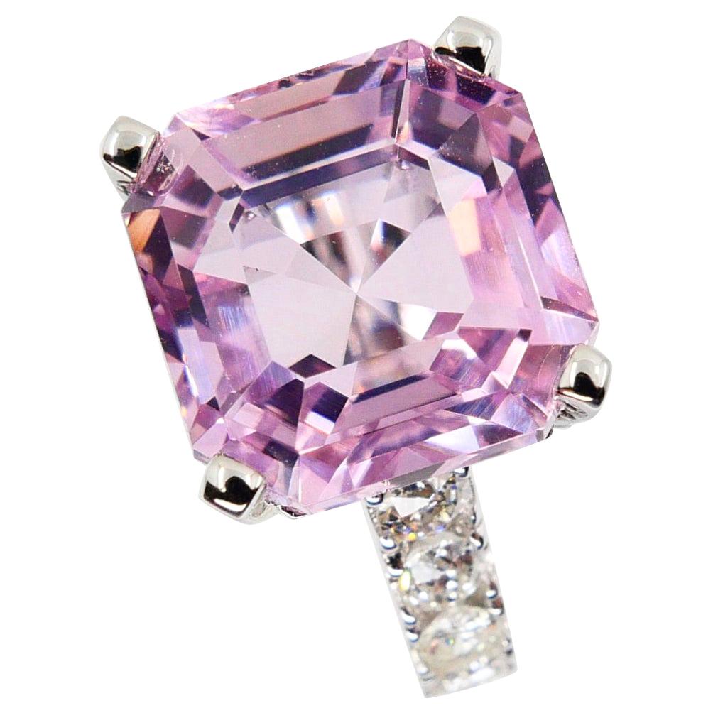 Asscher Cut Pink Kunzite 10.73 Carat and Diamond Cocktail Ring, Statement Ring