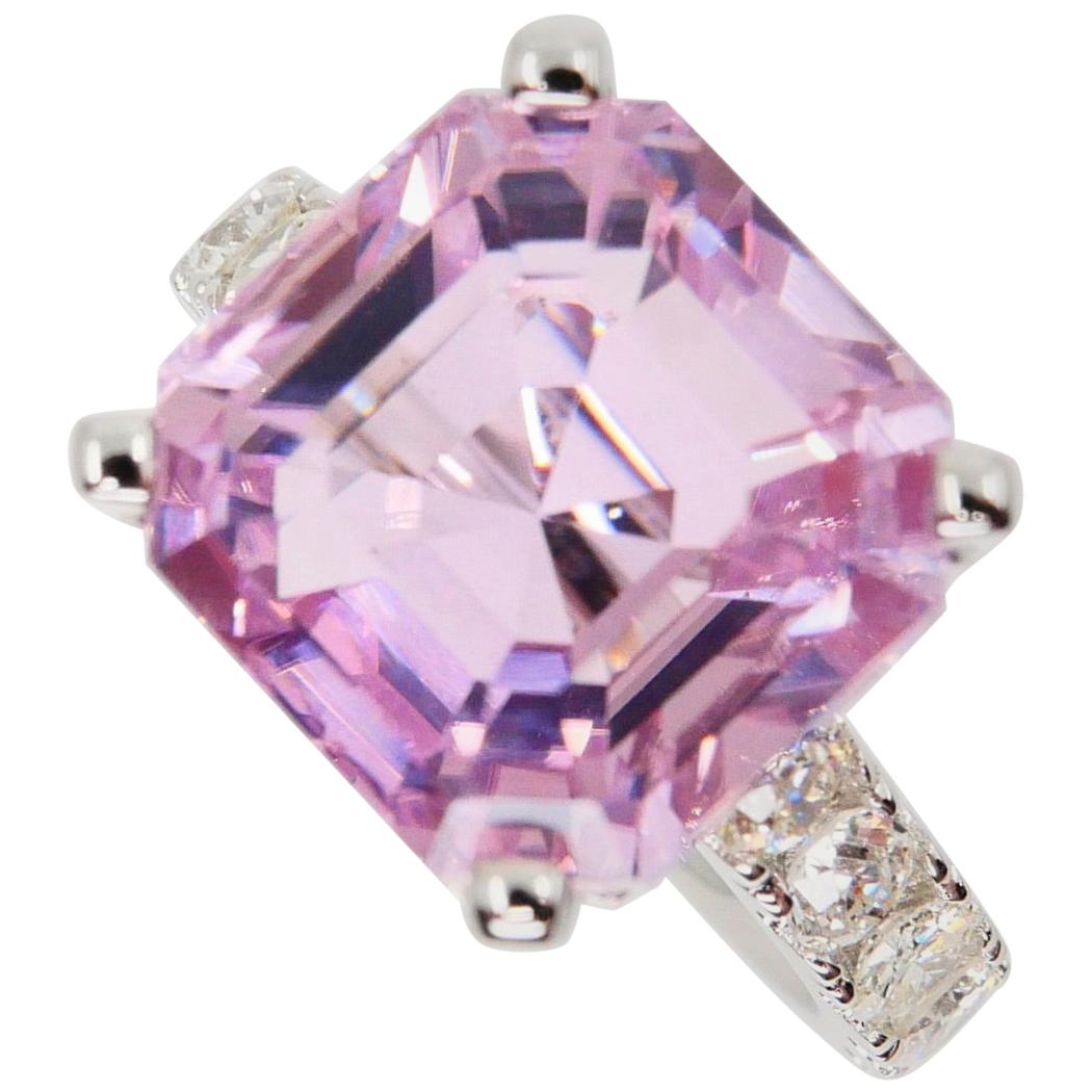 Asscher Cut Pink Kunzite 10.73 Carat and Diamond Cocktail Ring, Statement Ring 9