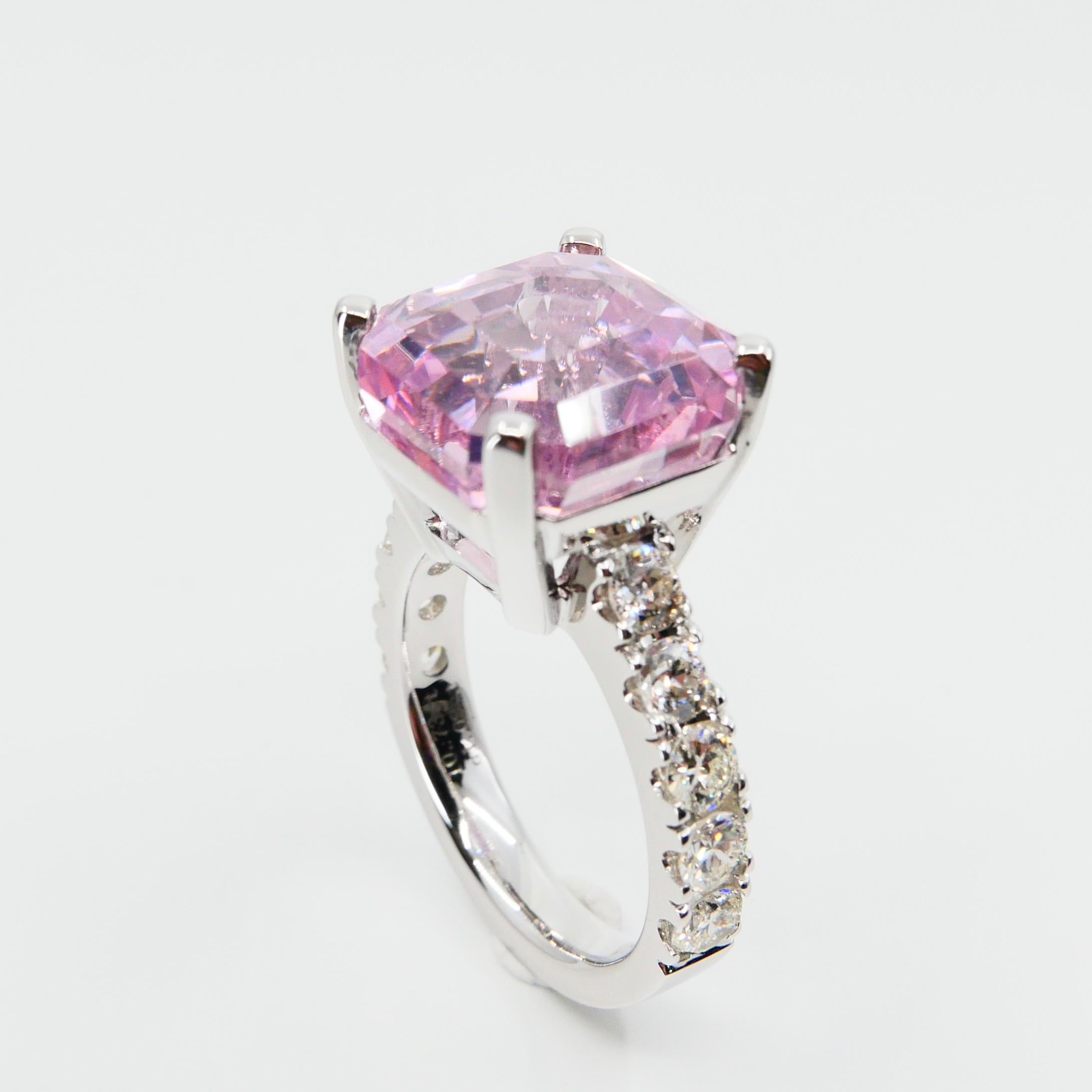 Asscher Cut Pink Kunzite 10.73 Carat and Diamond Cocktail Ring, Statement Ring 11