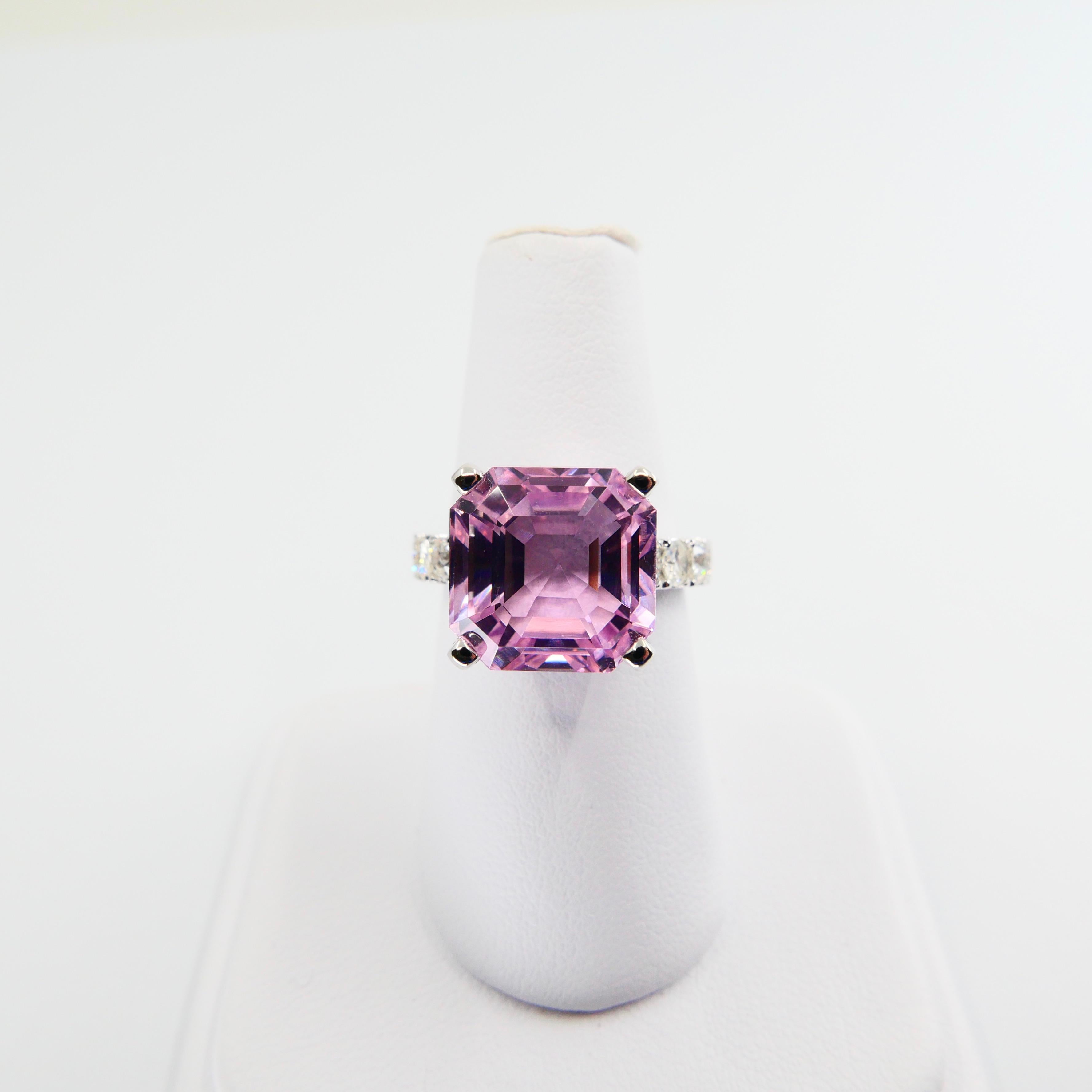 Asscher Cut Pink Kunzite 10.73 Carat and Diamond Cocktail Ring, Statement Ring 13