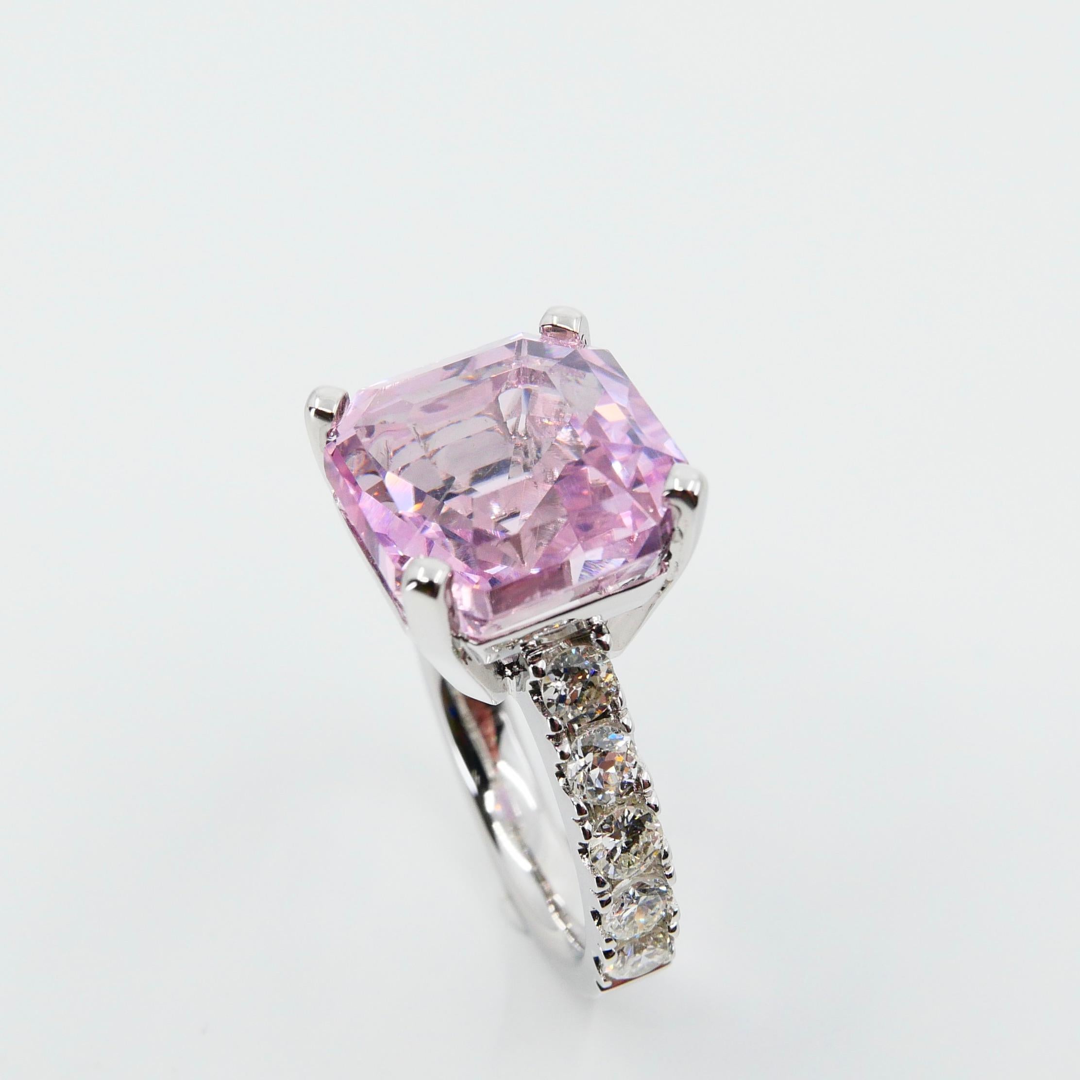 Asscher Cut Pink Kunzite 10.73 Carat and Diamond Cocktail Ring, Statement Ring 14