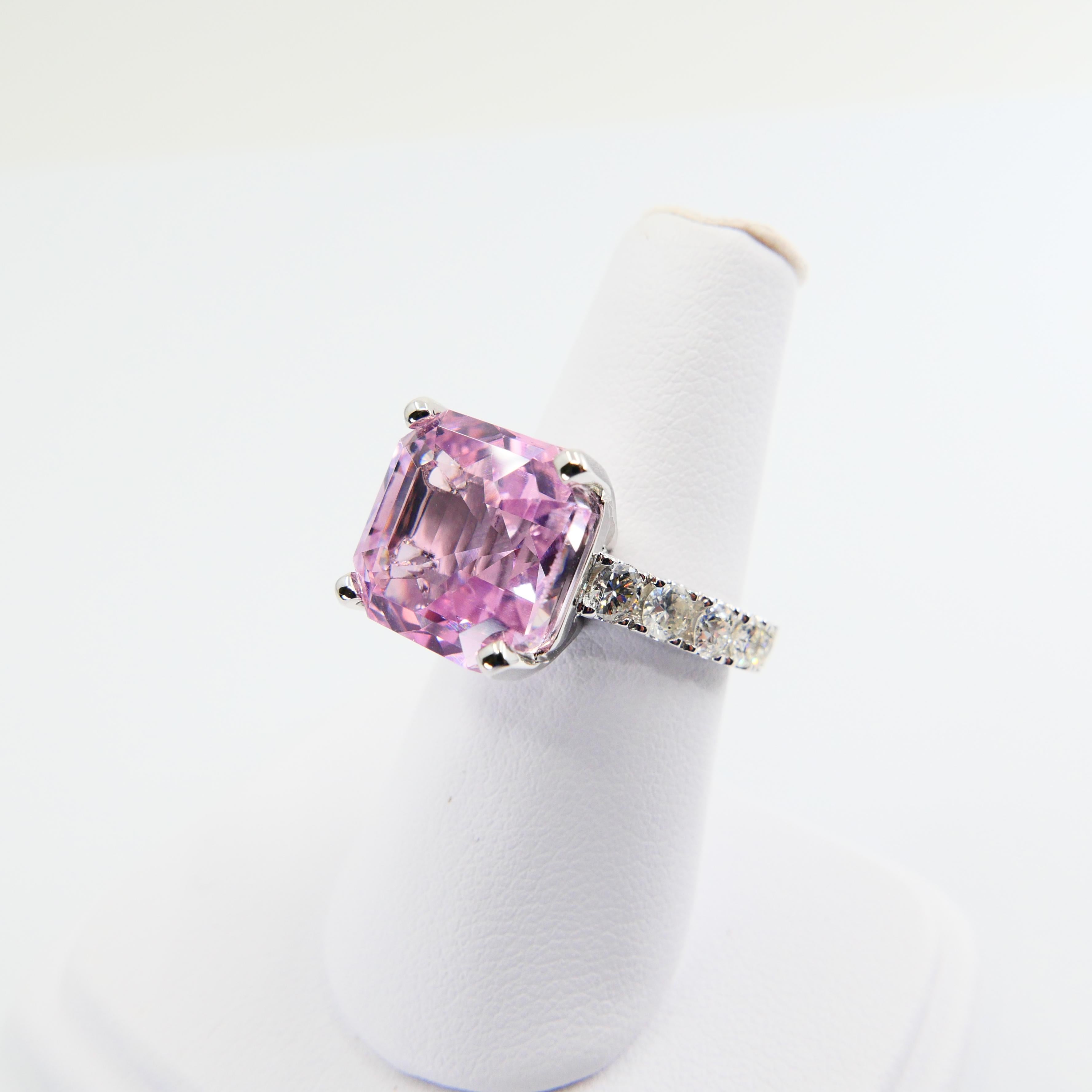 Asscher Cut Pink Kunzite 10.73 Carat and Diamond Cocktail Ring, Statement Ring 15