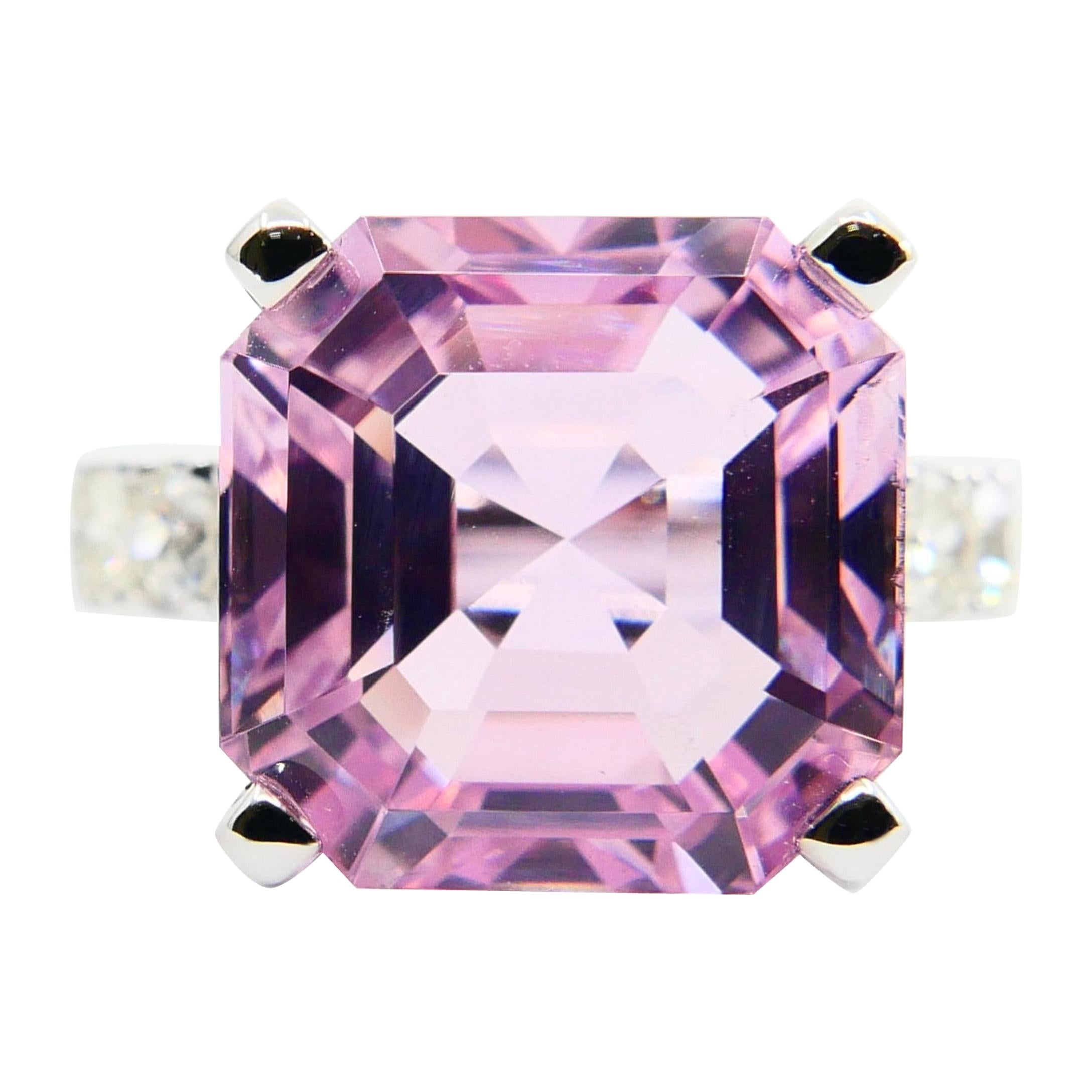 Women's Asscher Cut Pink Kunzite 10.73 Carat and Diamond Cocktail Ring, Statement Ring