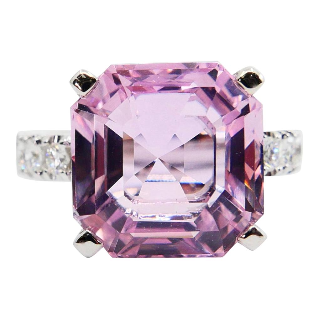 Asscher Cut Pink Kunzite 11.66 Carat and Diamond Cocktail Ring, Statement Ring