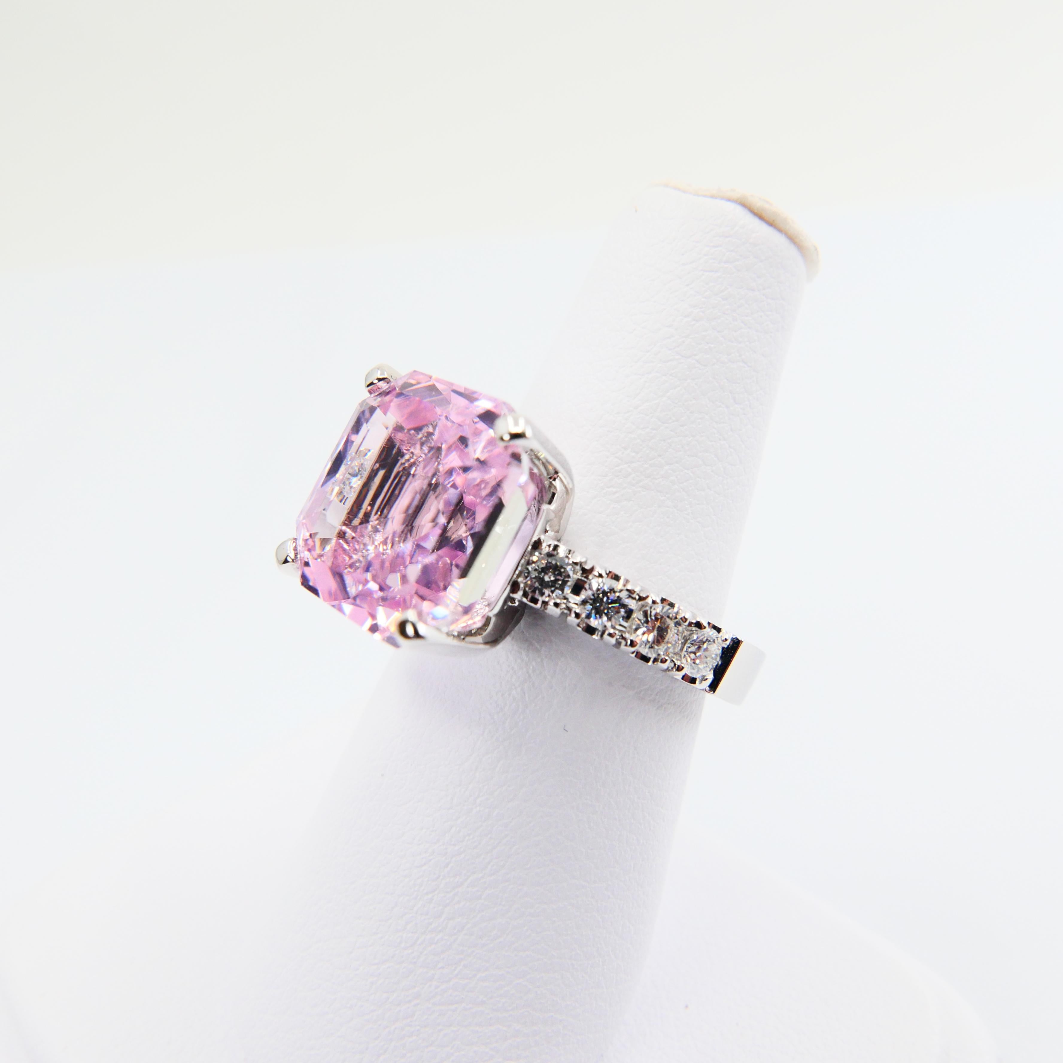 Asscher Cut Pink Kunzite 11.66 Carat and Diamond Cocktail Ring, Statement Ring 2
