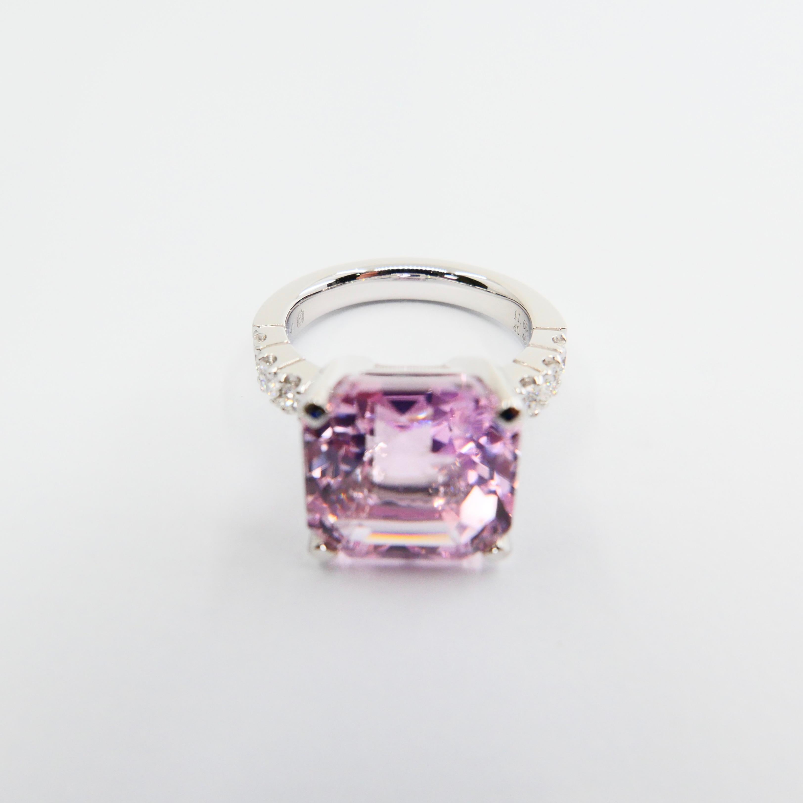 Women's Asscher Cut Pink Kunzite 11.66 Carat and Diamond Cocktail Ring, Statement Ring