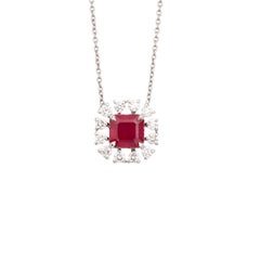 Asscher Cut Ruby Pendant Necklace with Round Diamond Cluster Halo in White Gold