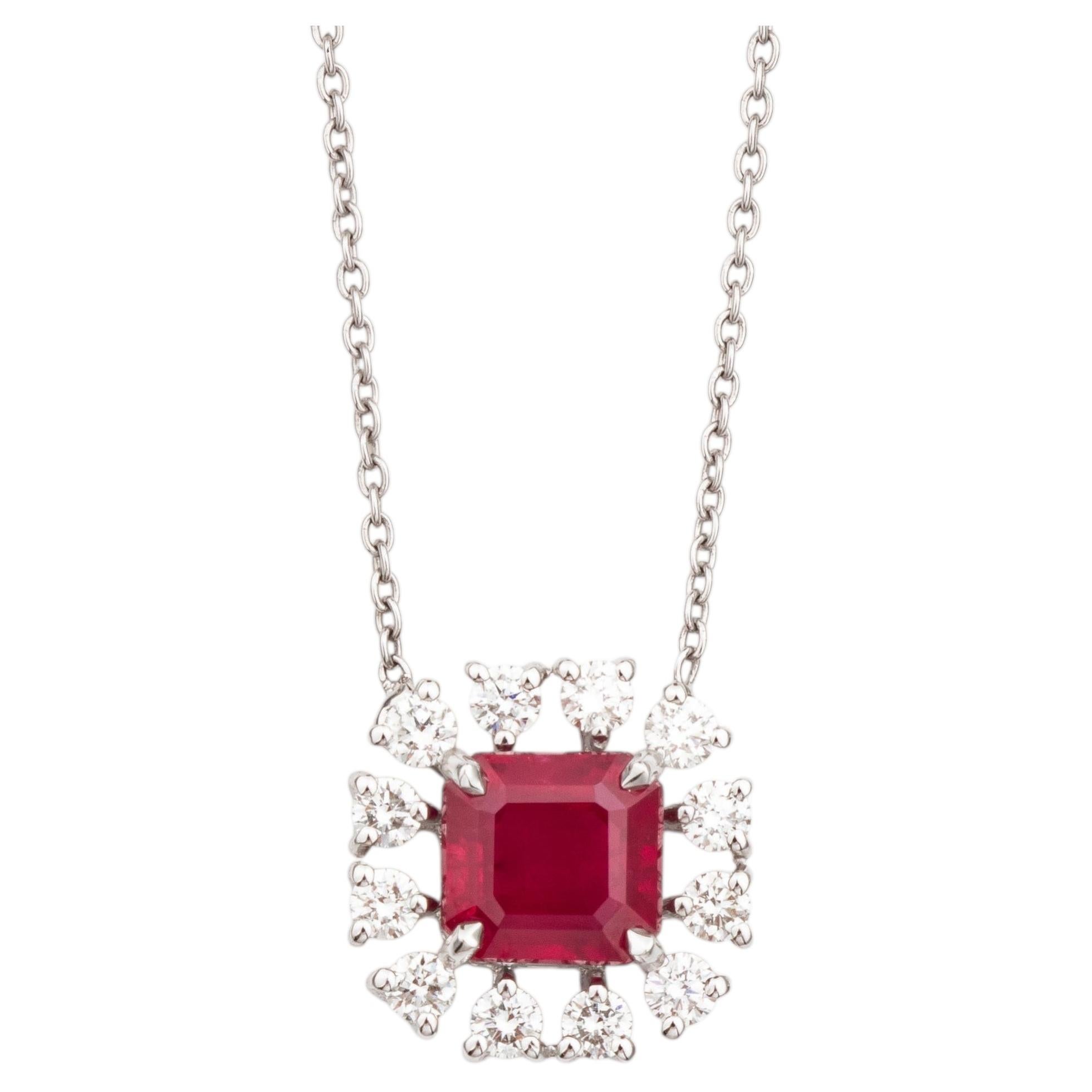 Modern Style 18K White Gold Asscher Cut Ruby & Diamond Halo Pendant Necklace For Sale