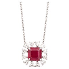 Asscher Cut Ruby Pendant Necklace with Round Diamond Cluster Halo in White Gold