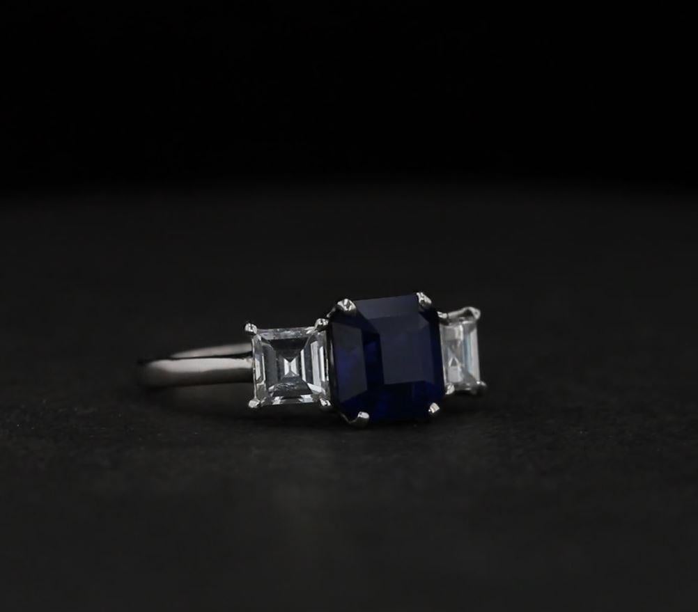 Asscher Cut Asscher-Cut Sapphire and Diamond Three-Stone Ring For Sale