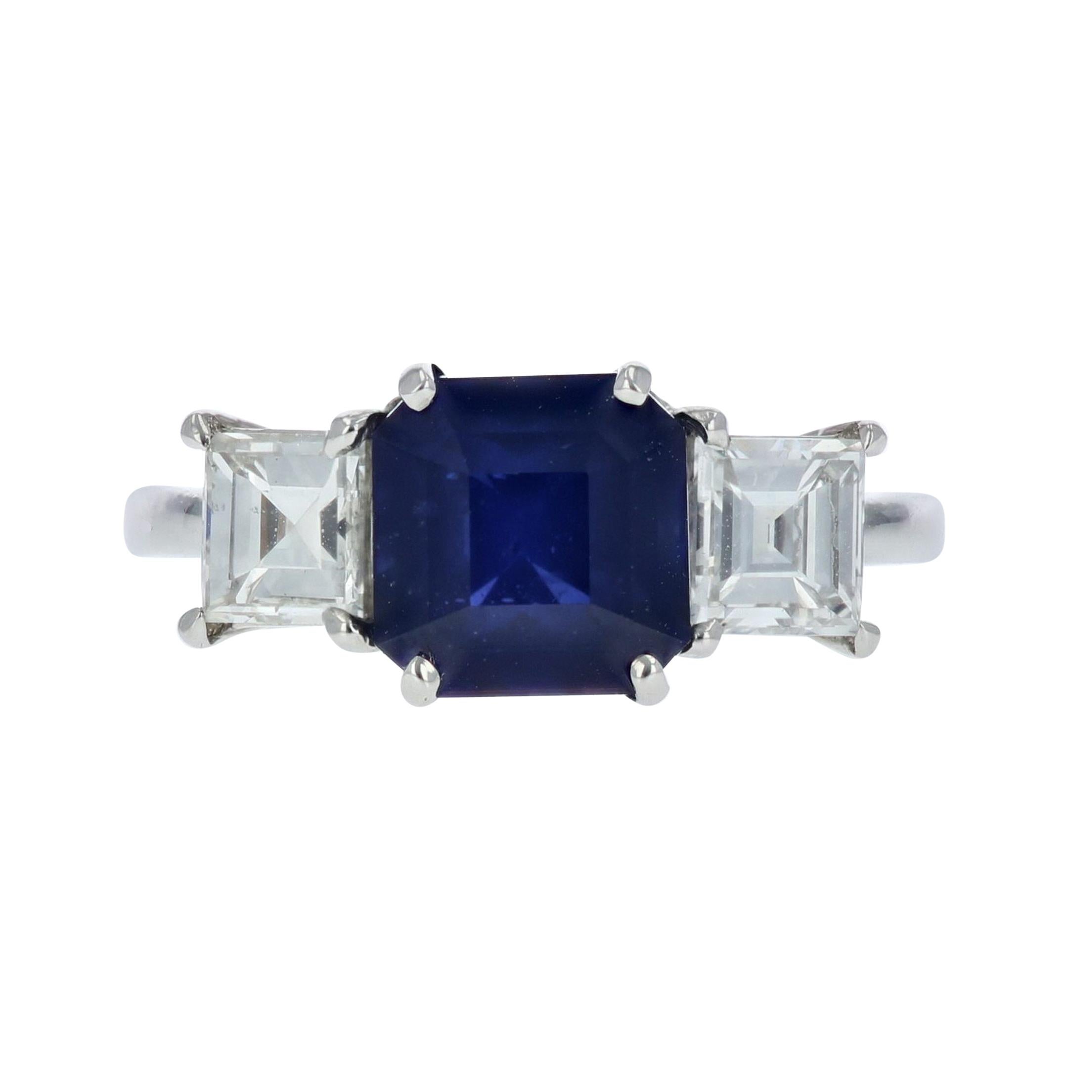 Asscher-Cut Sapphire and Diamond Three-Stone Ring For Sale