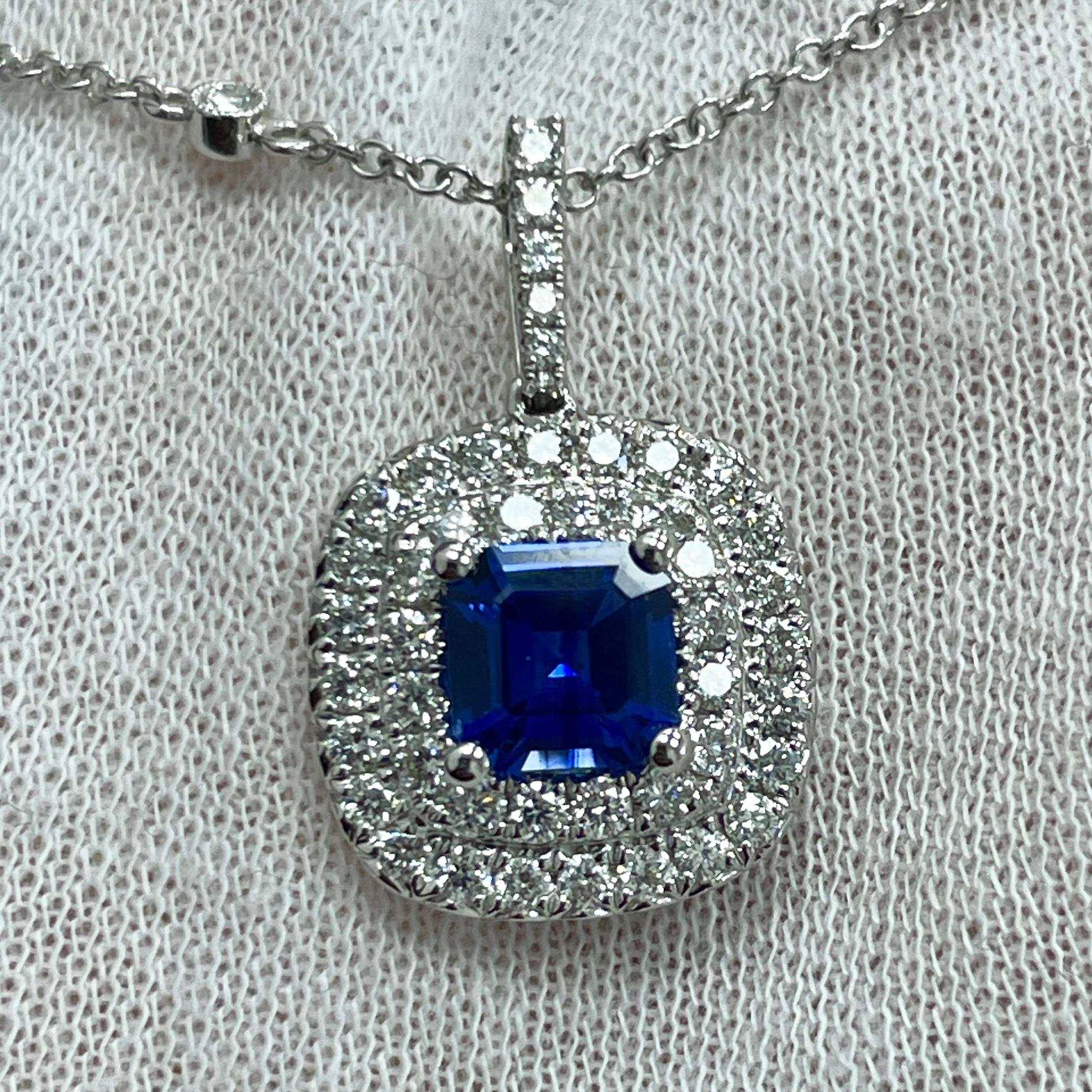 Women's Asscher Cut Sapphire and Diamond White Gold Pendant For Sale