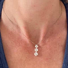 Asscher Cut Three Diamond Platinum Drop Pendant Necklace GIA Certified Diamonds