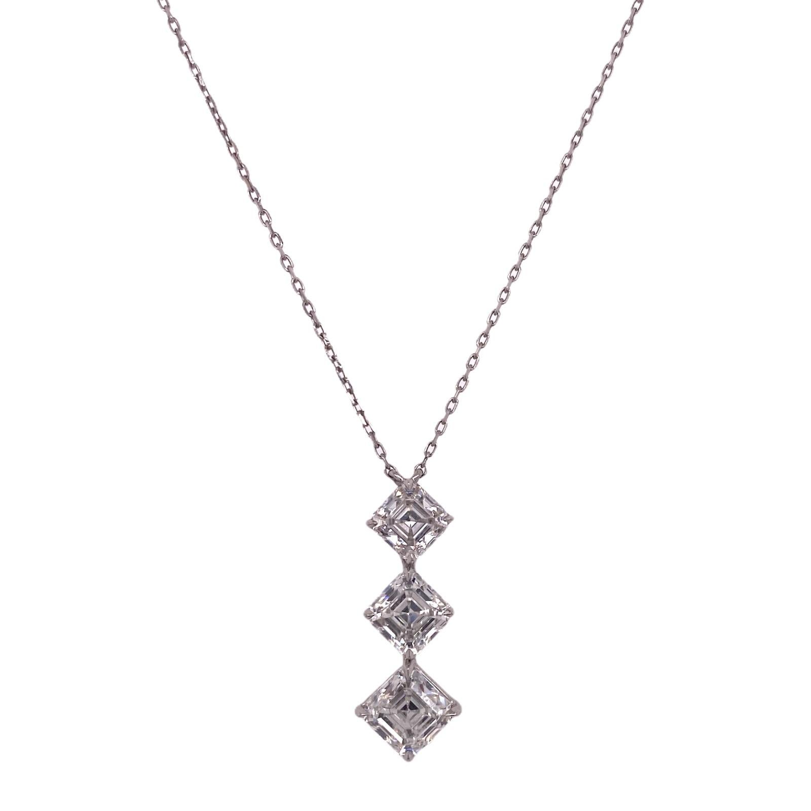 Modern Asscher Cut Three Diamond Platinum Drop Pendant Necklace GIA Certified Diamonds