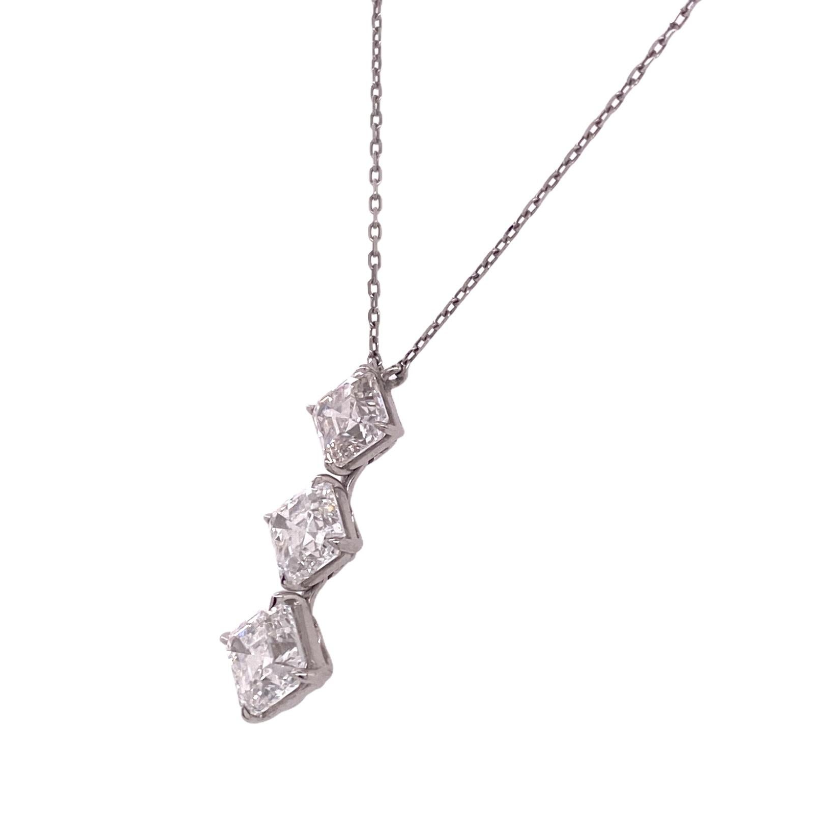 Asscher Cut Three Diamond Platinum Drop Pendant Necklace GIA Certified Diamonds In Excellent Condition In Boca Raton, FL
