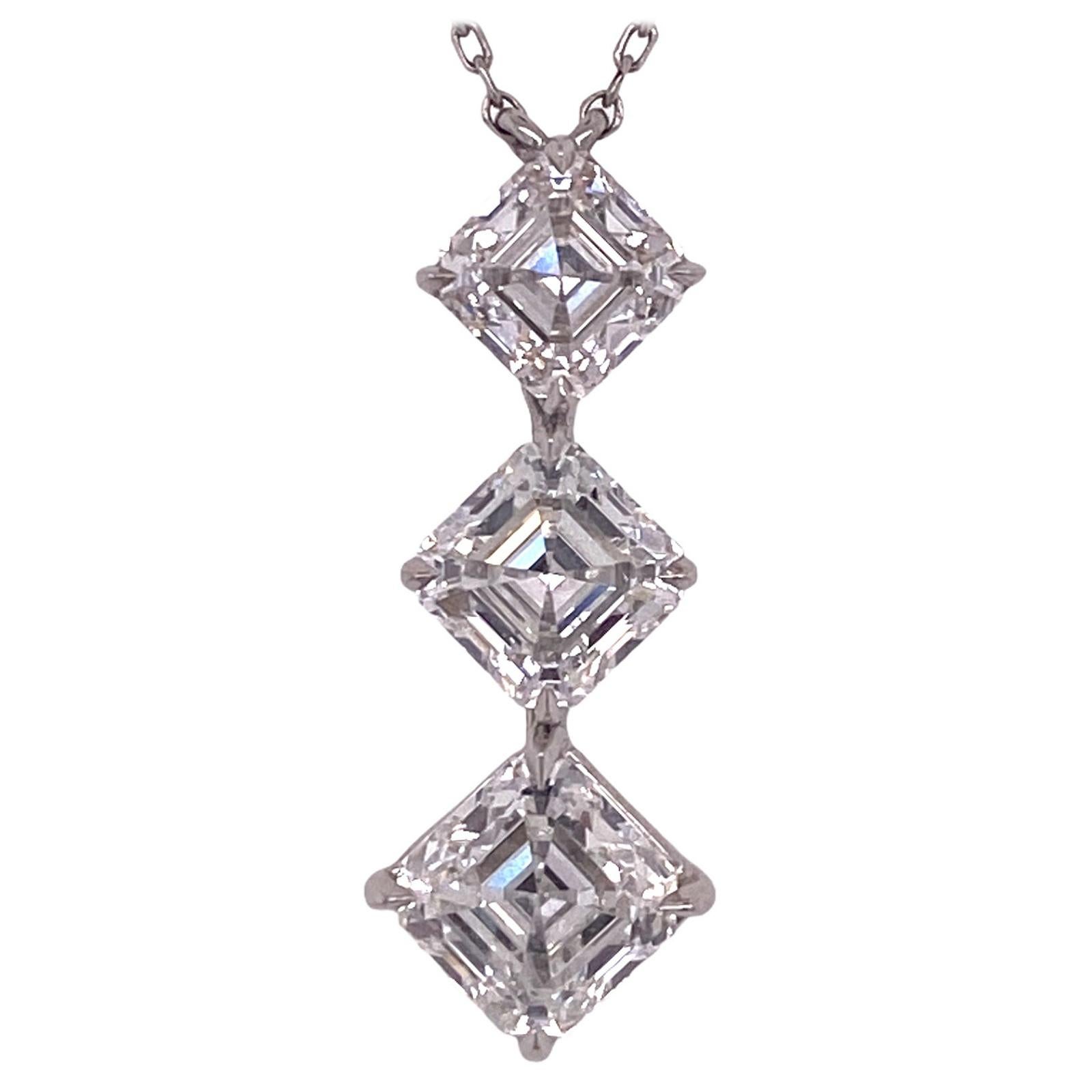 Asscher Cut Three Diamond Platinum Drop Pendant Necklace GIA Certified Diamonds