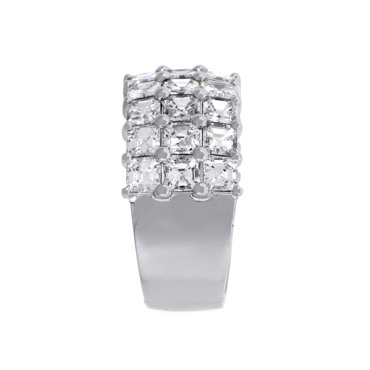Material: 18k White Gold
Diamond Details: Approximately 4.59ctw of Asscher Cut Diamonds. Diamonds are G/H in color and VS in clarity
Size: 6.25
Total Weight: 10.2g (6.5 dwt)
Measurements: 0.85″ x 0.40″ x 0.80″
SKU: A30311891