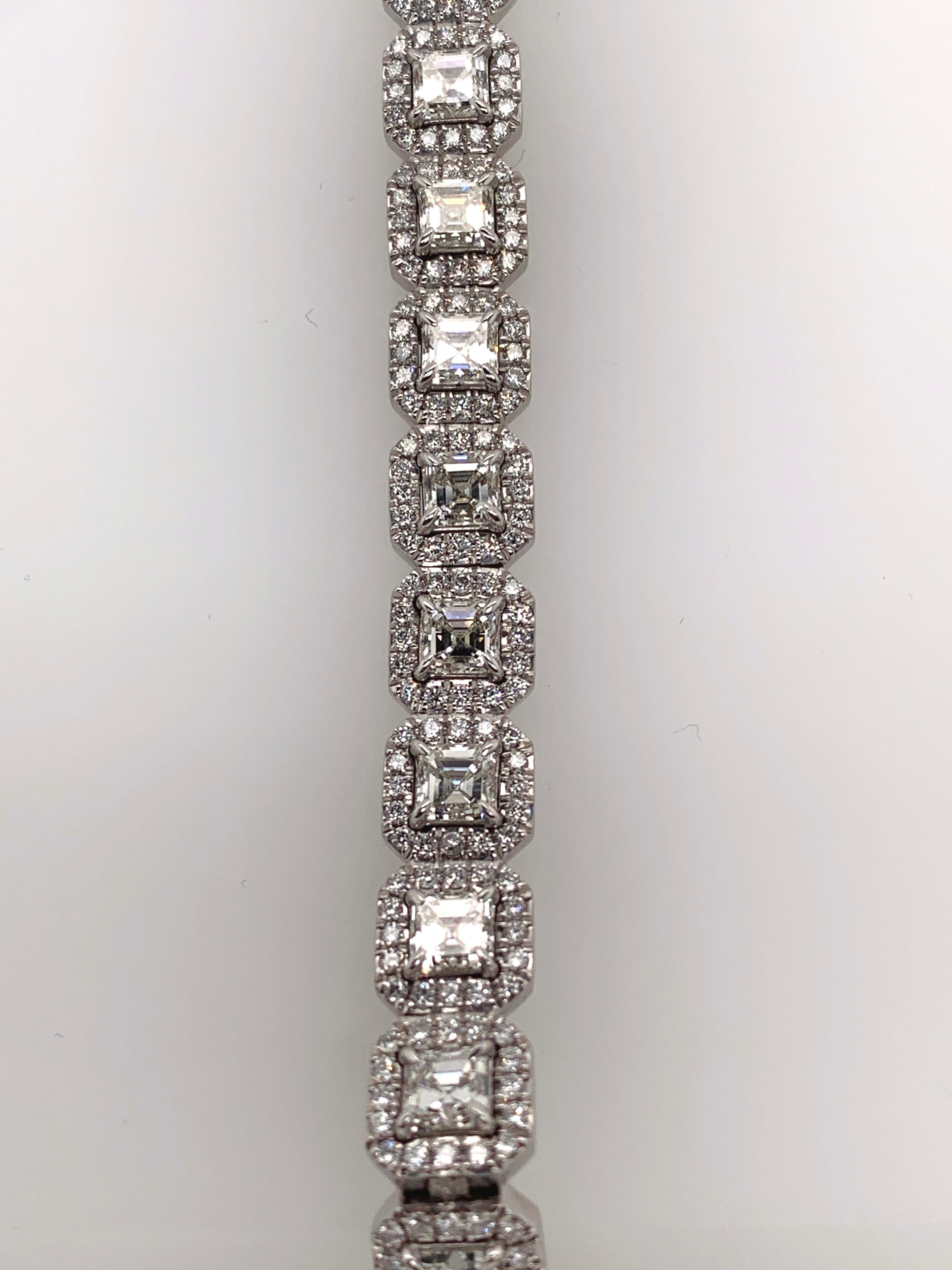 Modern Asscher Cut White Diamond Halo Tennis Bracelet For Sale