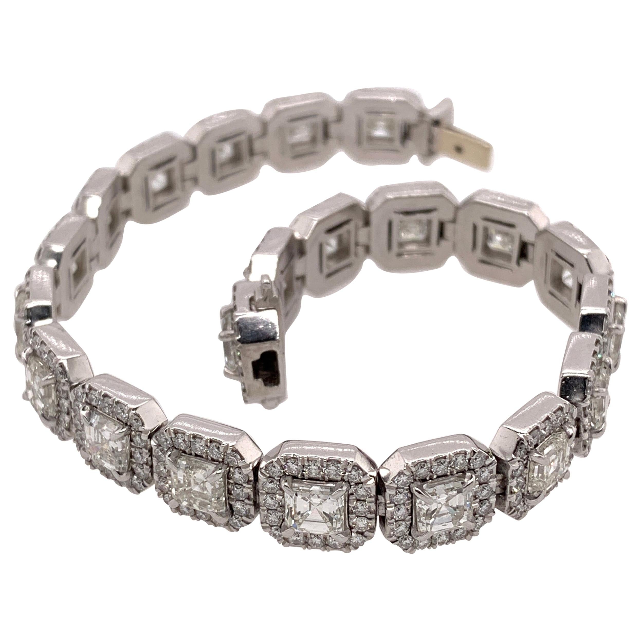 Asscher Cut White Diamond Halo Tennis Bracelet For Sale