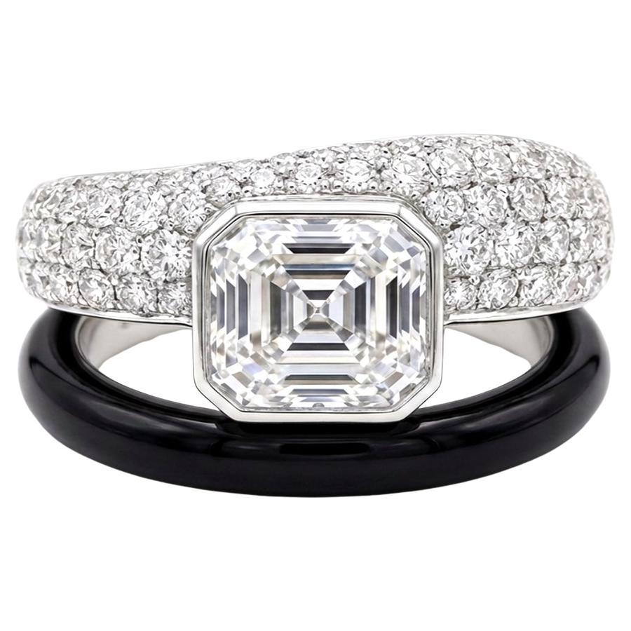 For Sale:  Asscher cut white sapphire cockatil ring with round diamonds and onyx