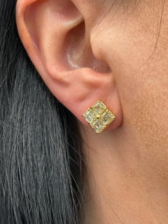 Asscher Cut Yellow Diamond Stud Earrings 4 Carats 22 Karat Yellow Gold Handmade