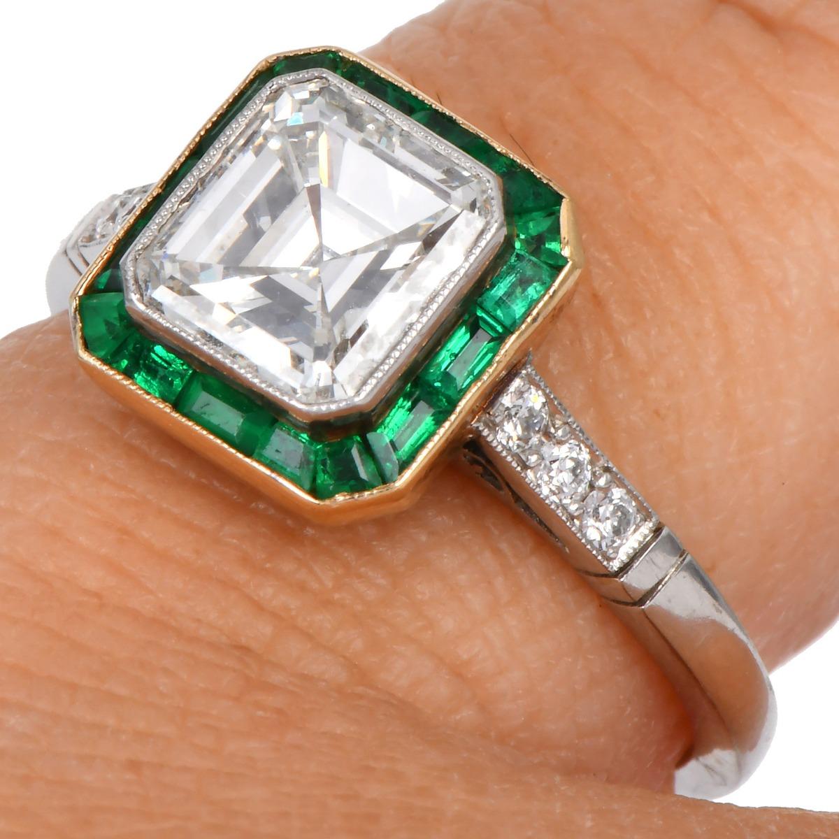 Asscher Diamond 2.12cts Emerald Halo Platinum Engagement Ring In Excellent Condition In Miami, FL