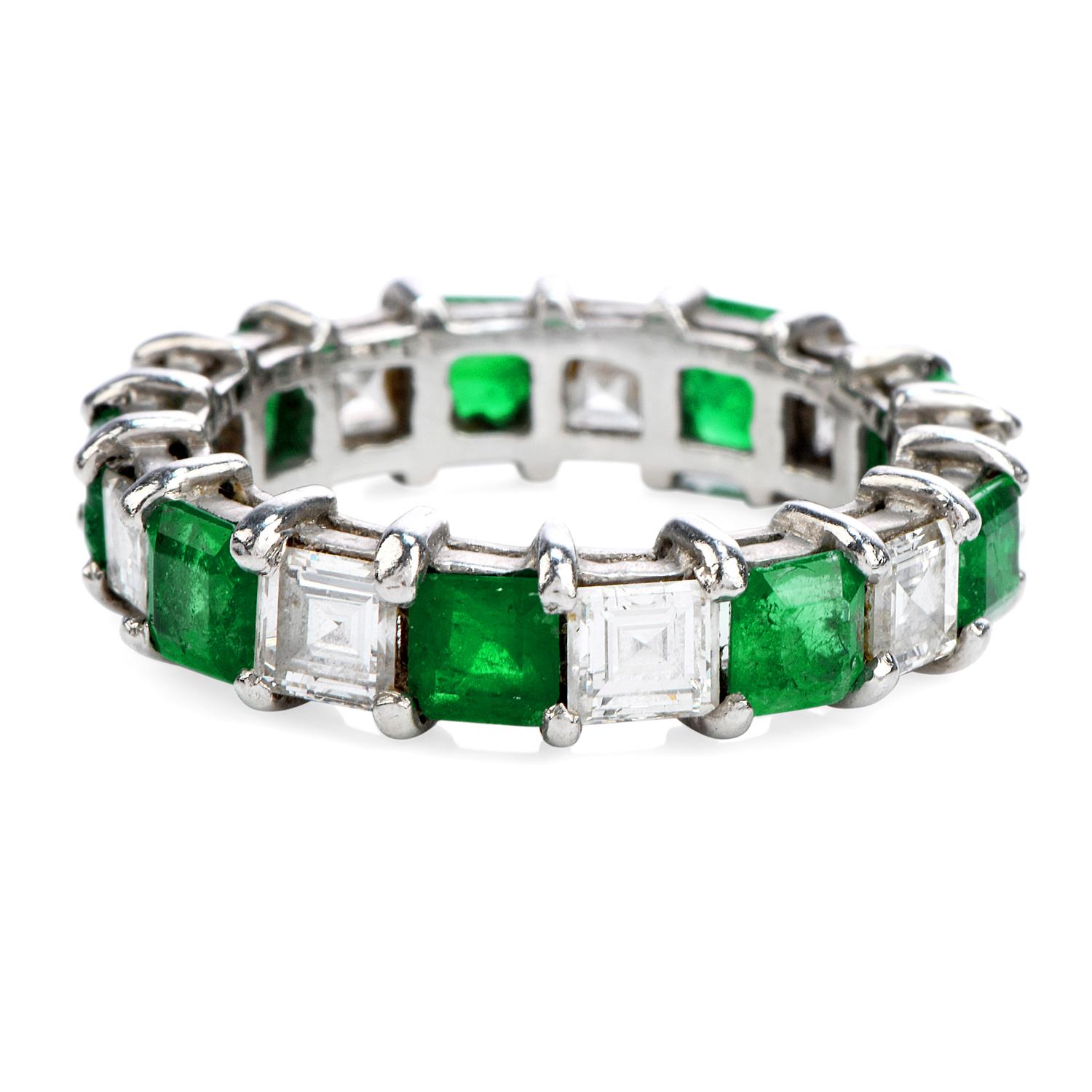 A celebration of beauty and endless sparkle! Finely crafted in solid platinum, this eternity band feature 9 genuine emerald cut emeralds approx. 2.06 carats and 9 asscher-cut diamond approx. 1.45 carats F-G color VS1 clarity. This remarkable band